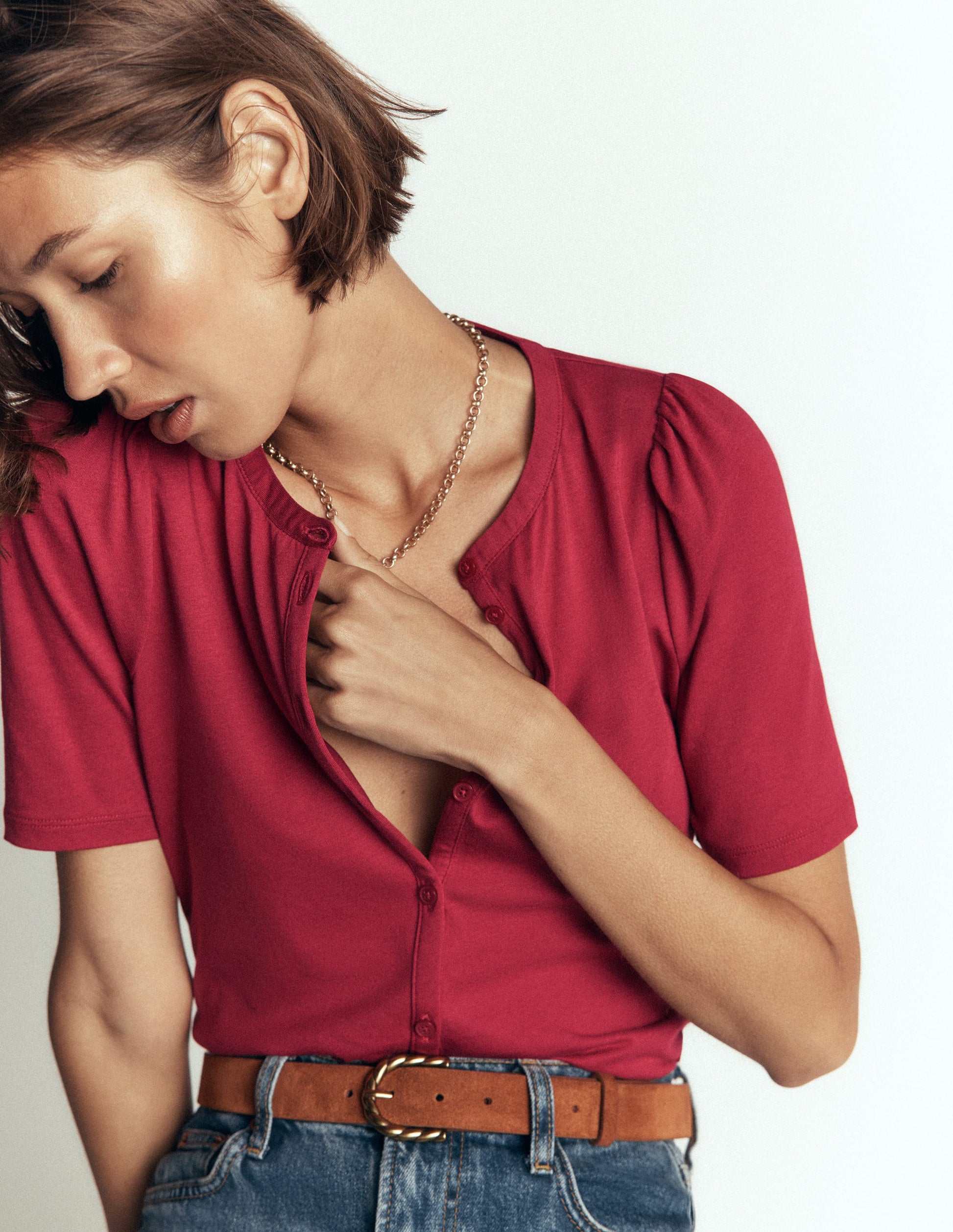 Short Puff Sleeve Top-Red Earth-5