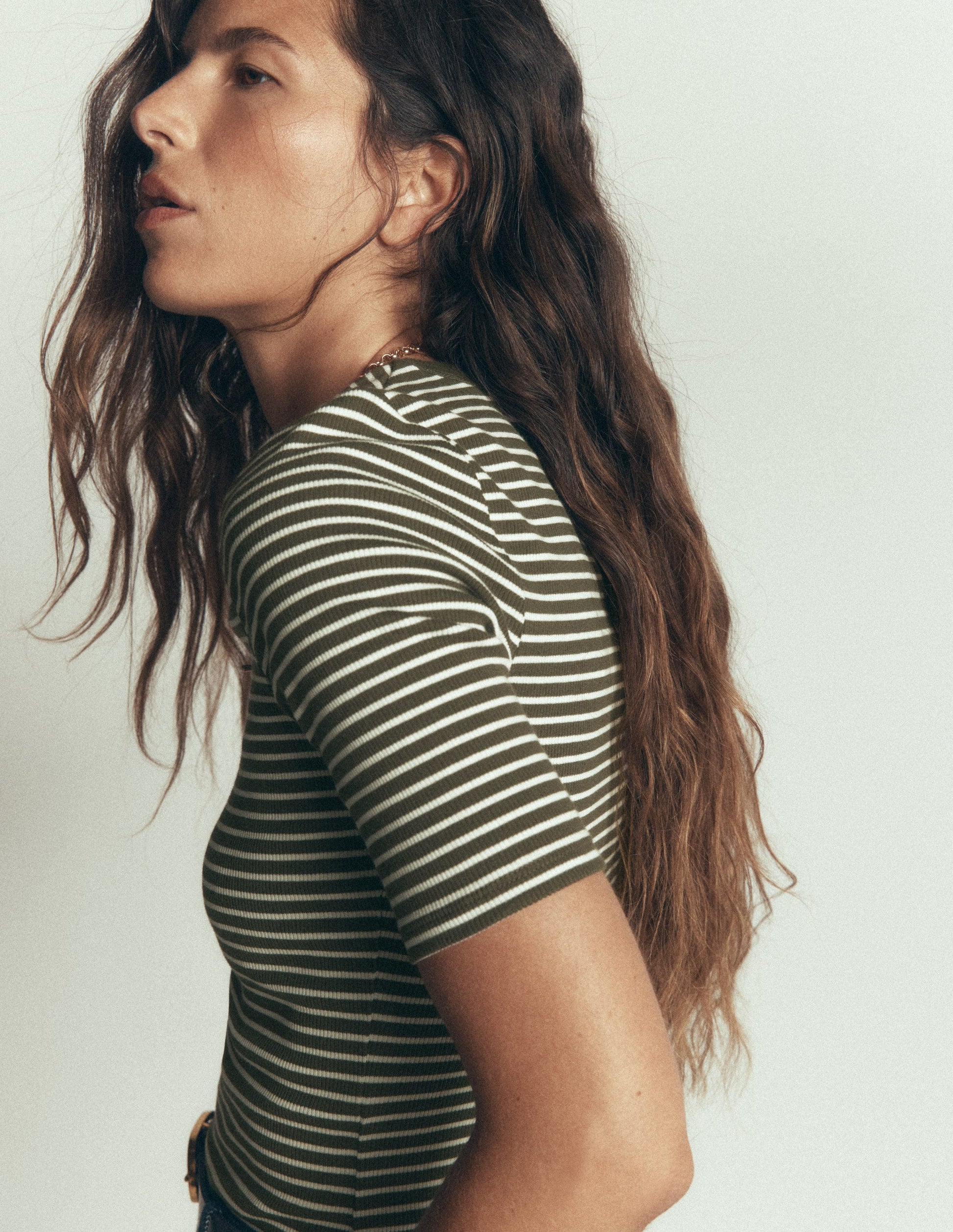 Ribbed Cotton T-Shirt-Falcon Green and Ivory Stripe-2