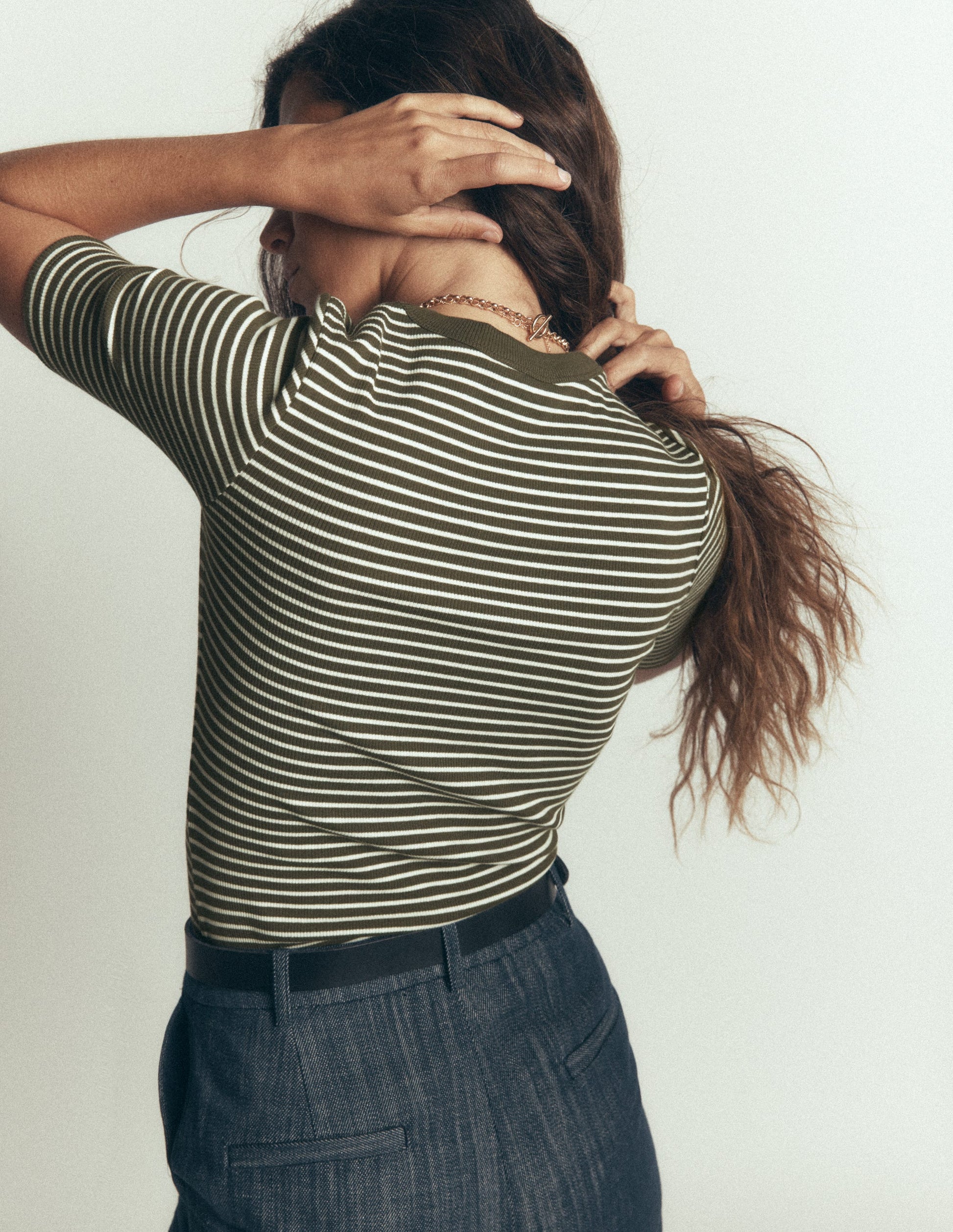Ribbed Cotton T-Shirt-Falcon Green and Ivory Stripe-3