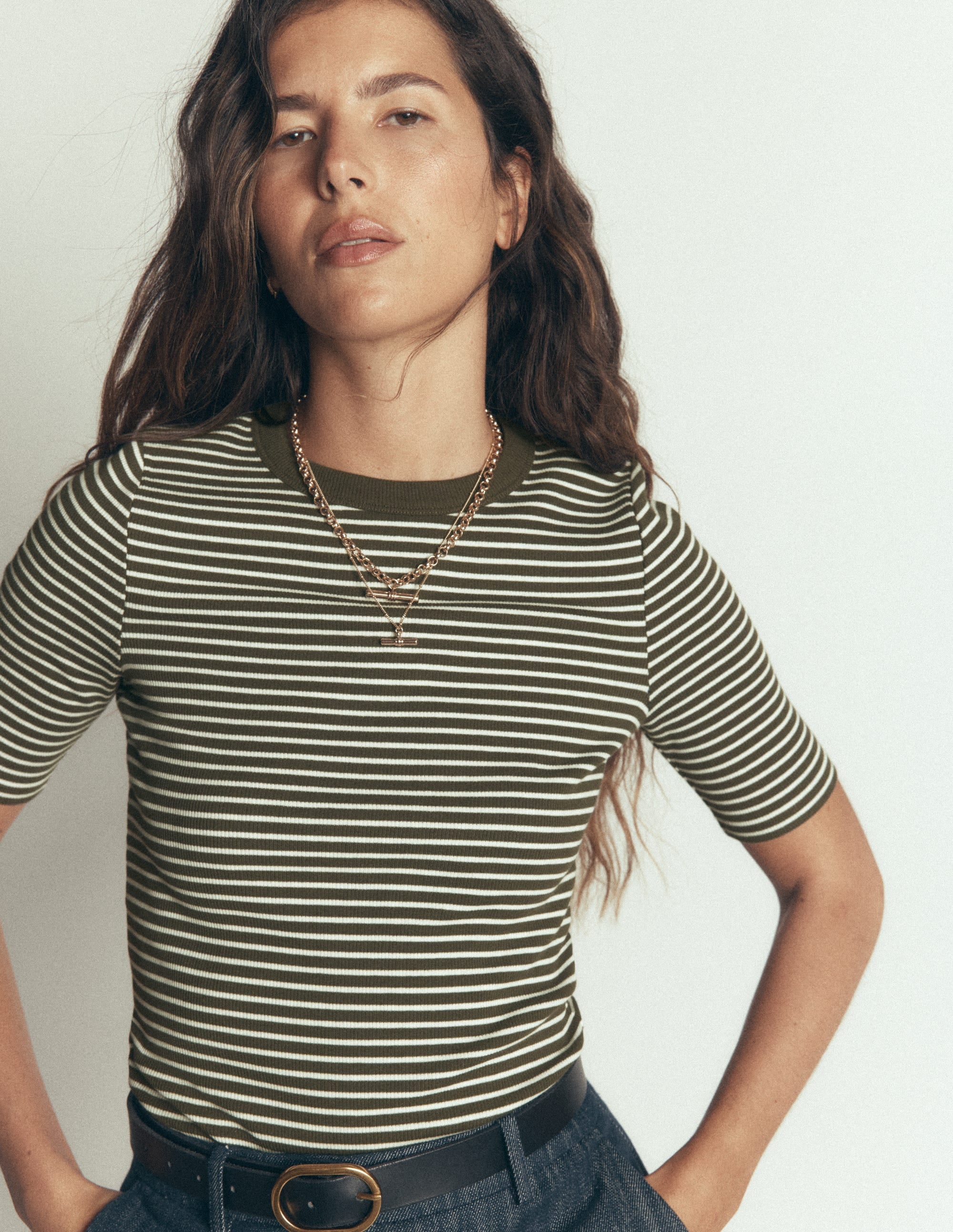 Ribbed Cotton T-Shirt-Falcon Green and Ivory Stripe - Image 5
