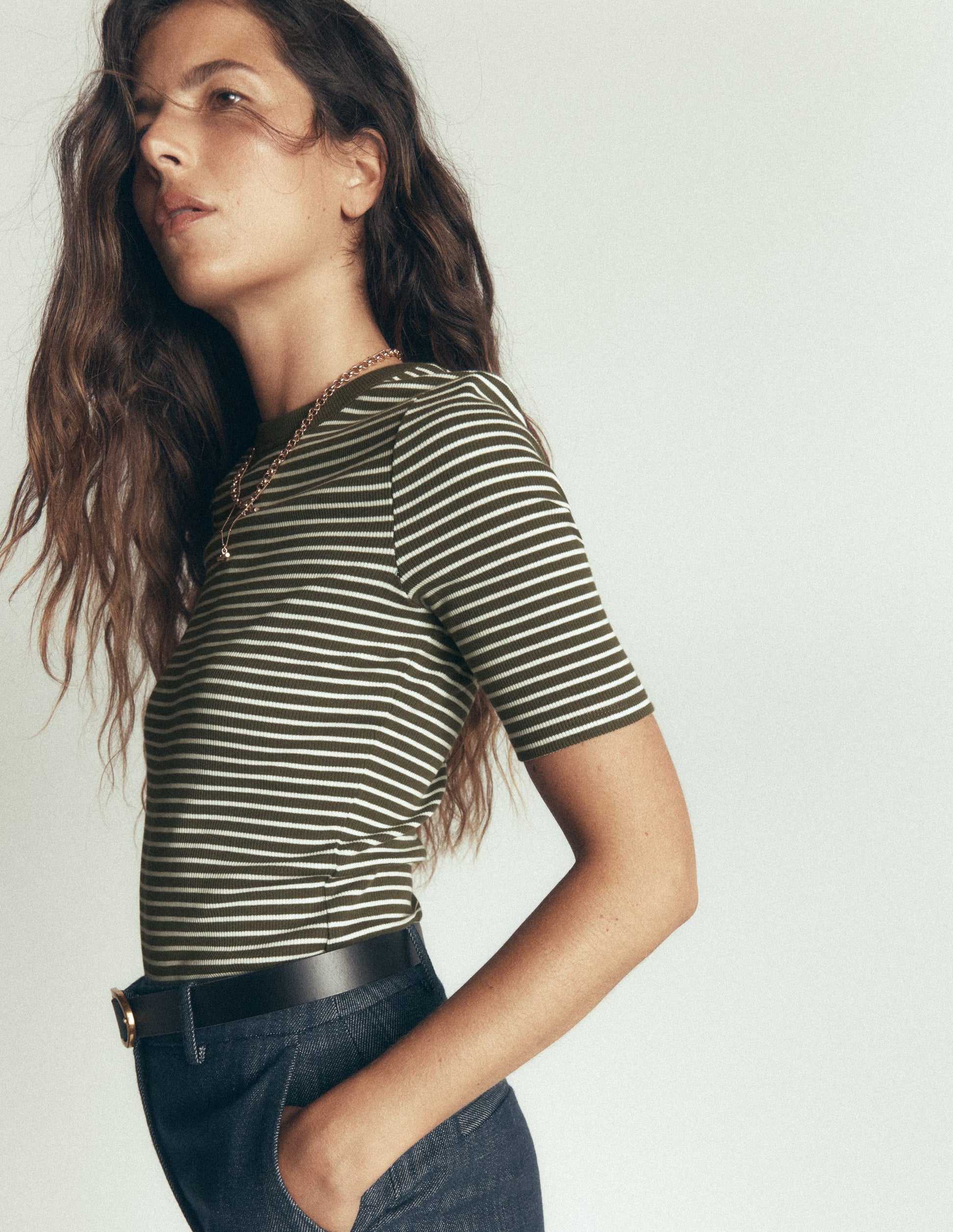 Ribbed Cotton T-Shirt-Falcon Green and Ivory Stripe-6