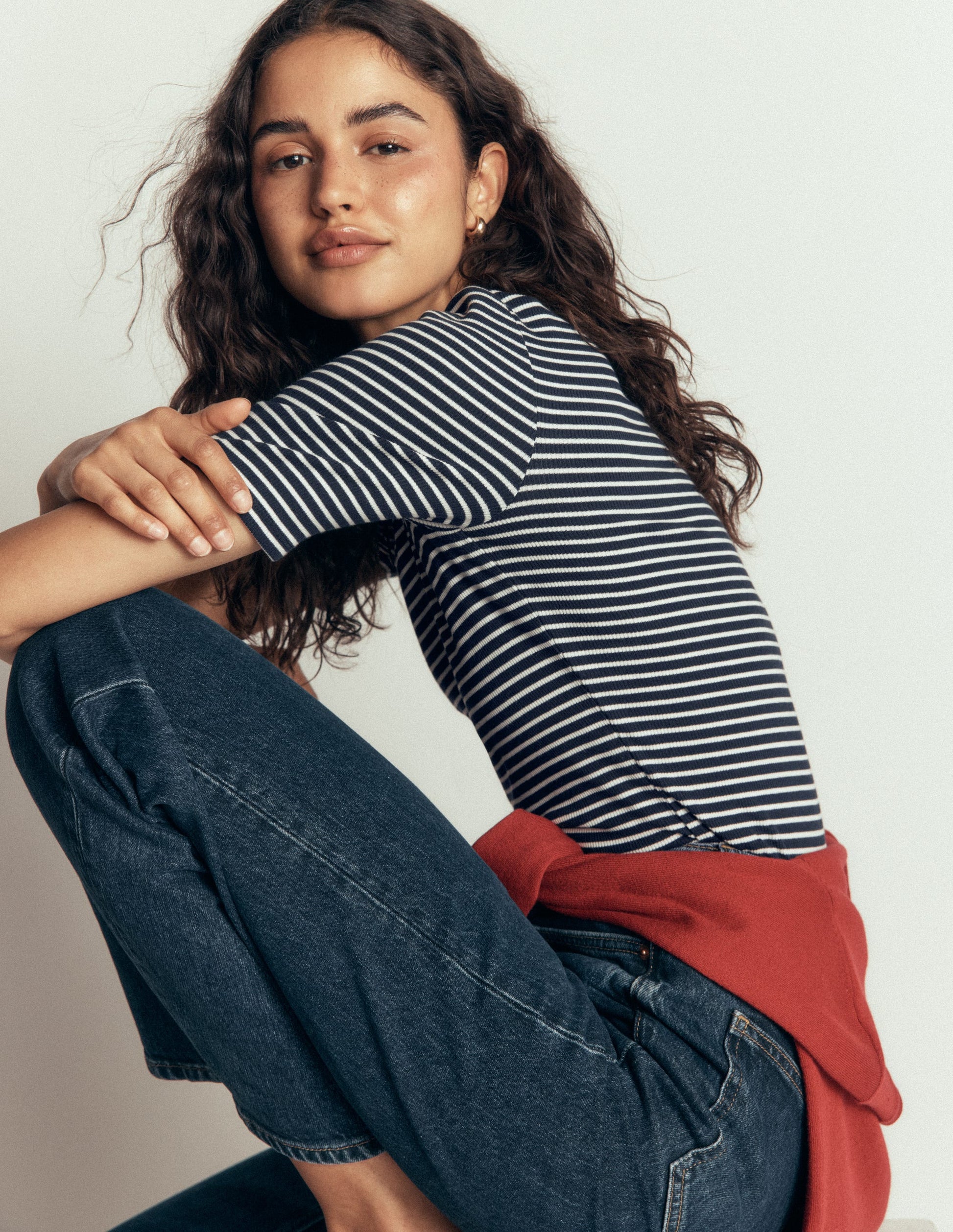 Ribbed Cotton T-Shirt-Navy & Ivory Stripe-1