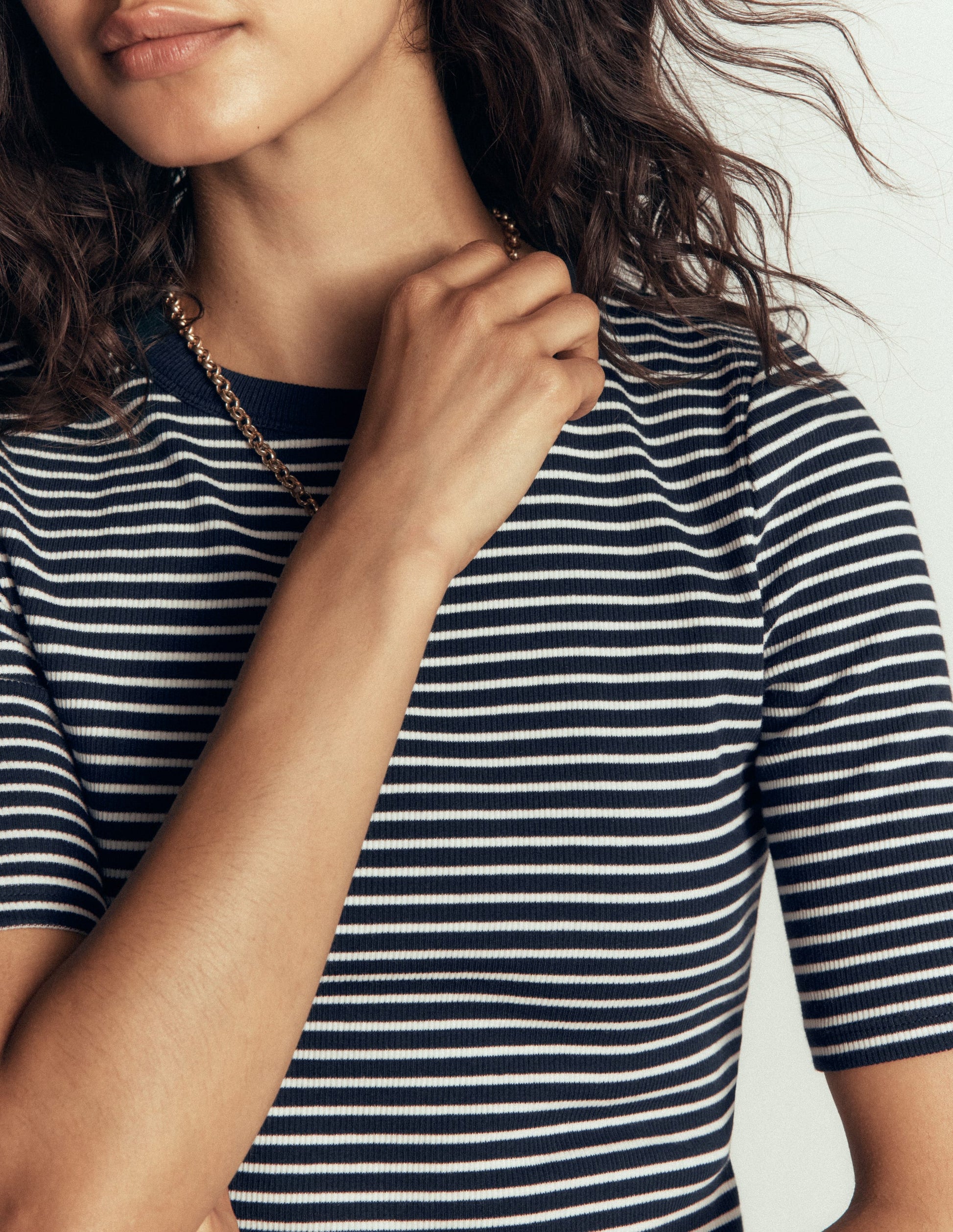 Ribbed Cotton T-Shirt-Navy & Ivory Stripe-2