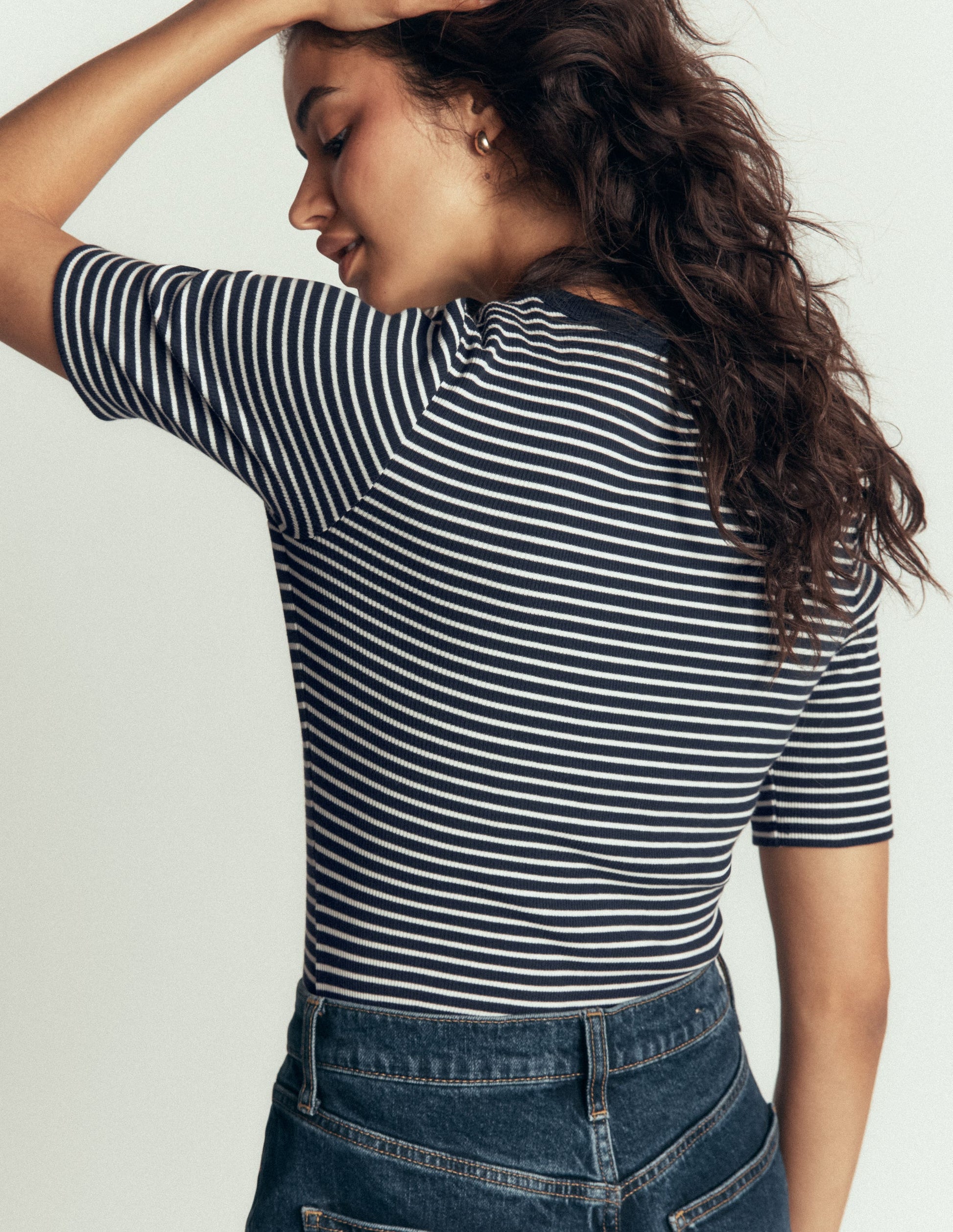 Ribbed Cotton T-Shirt-Navy & Ivory Stripe-3