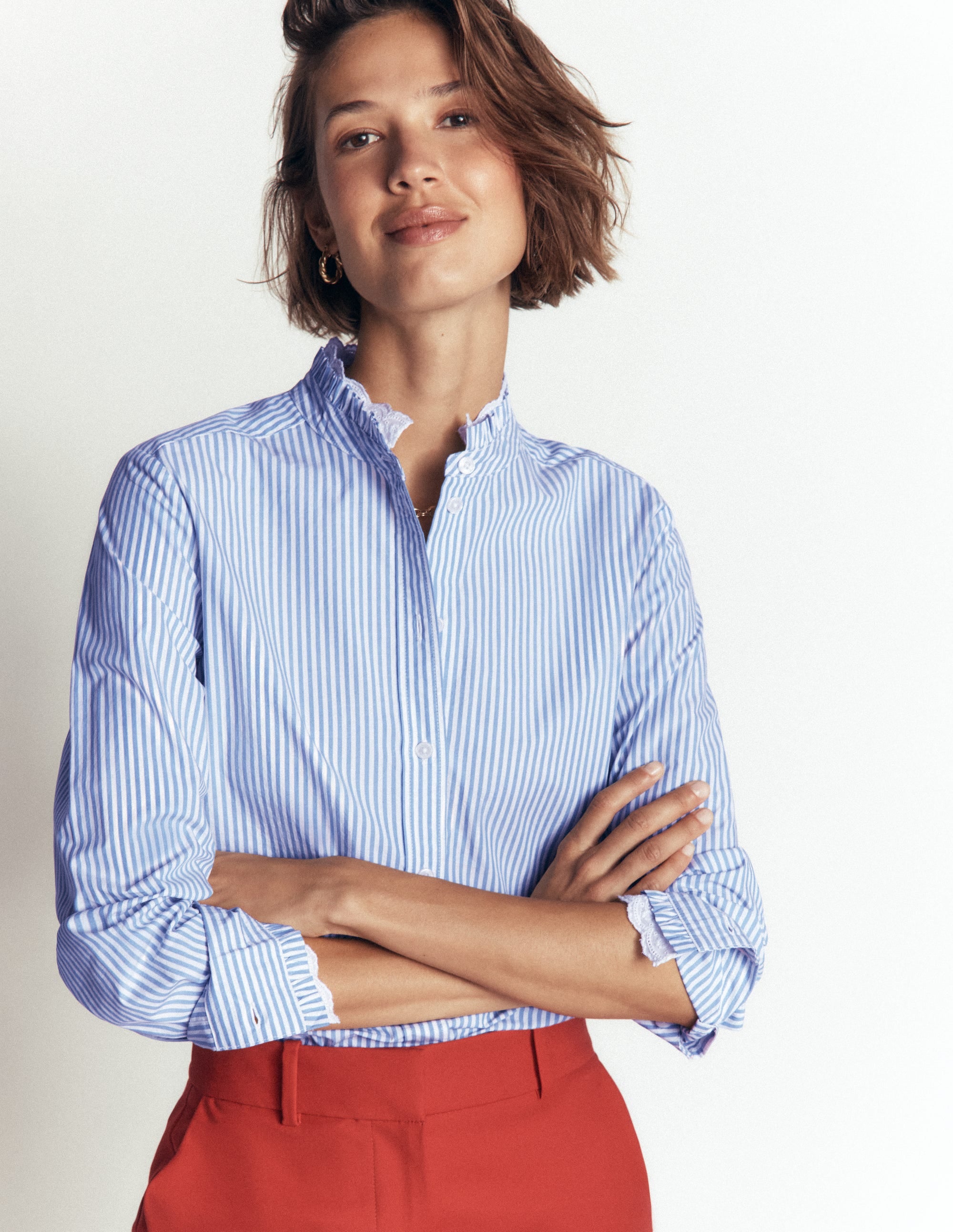 Sienna Frill Cotton Shirt-Forget Me Not, Ivory Stripe - Image 1