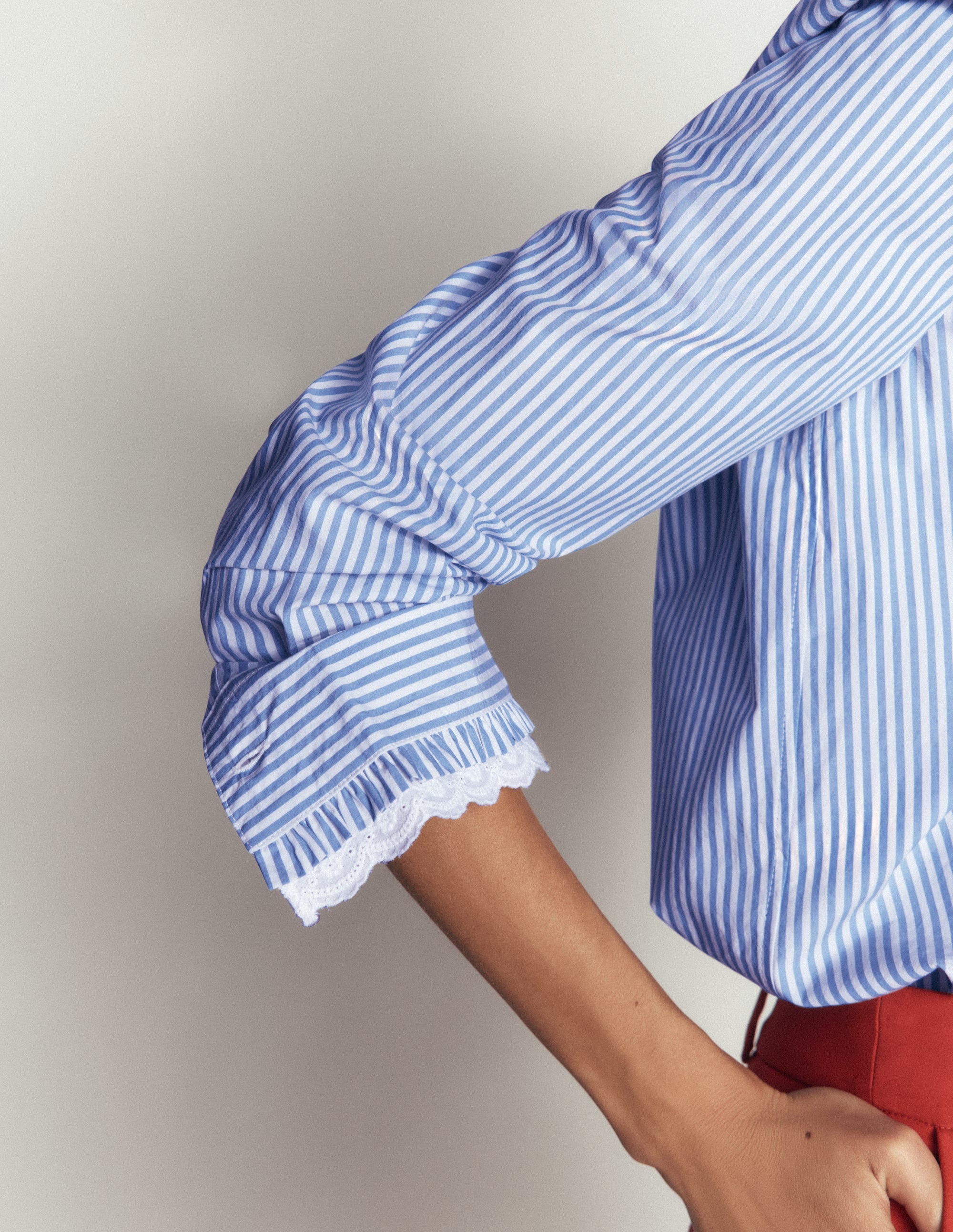 Sienna Frill Cotton Shirt-Forget Me Not, Ivory Stripe - Image 2