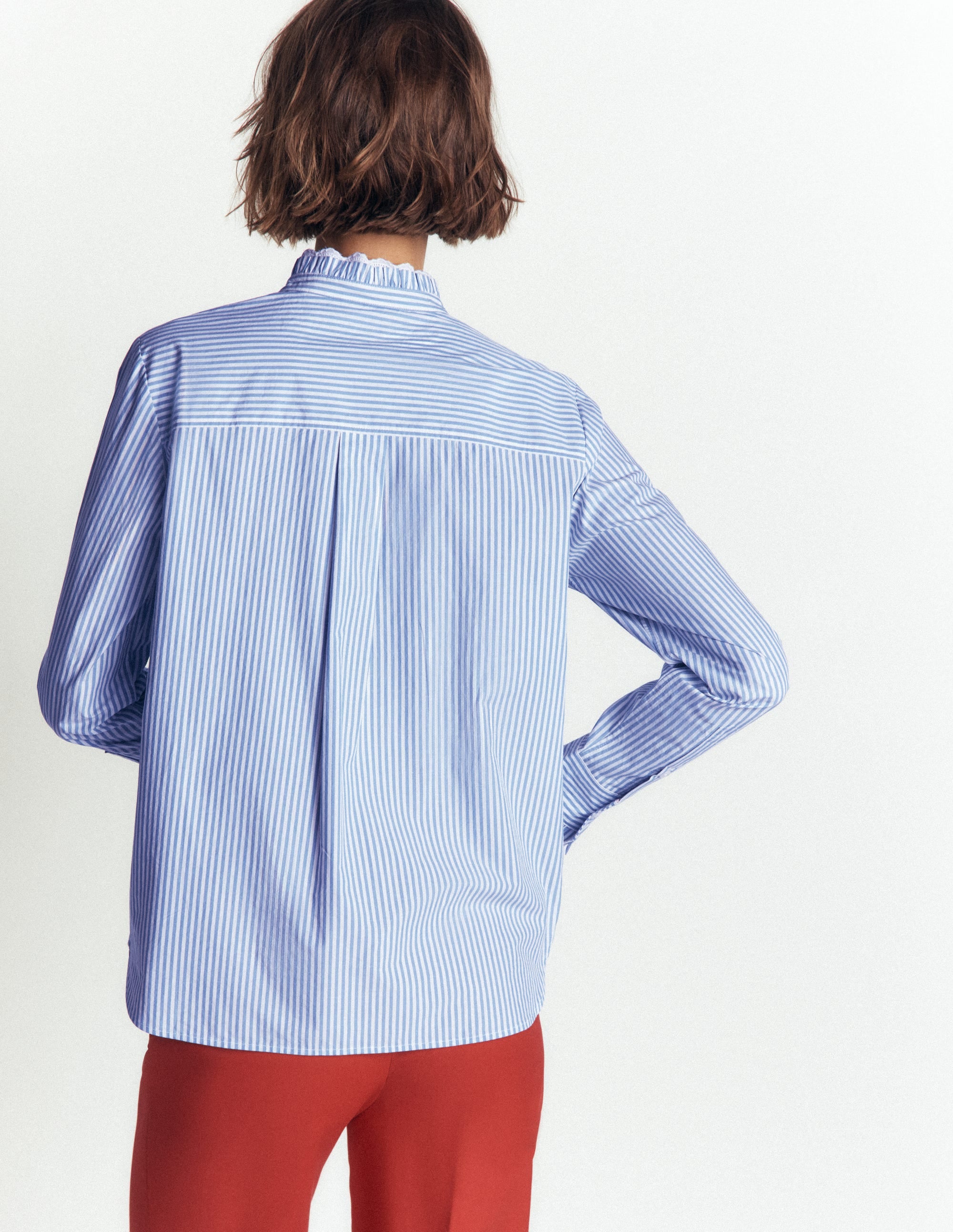 Sienna Frill Cotton Shirt-Forget Me Not, Ivory Stripe - Image 3