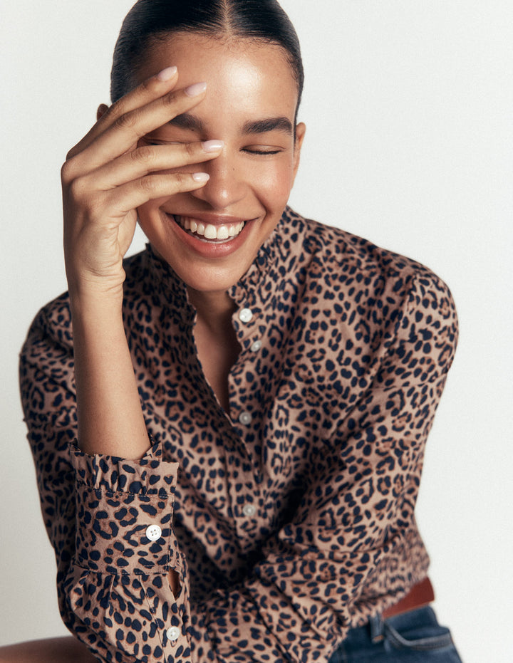 Sienna Frill Cotton Shirt-Demerara, Brushed Animal