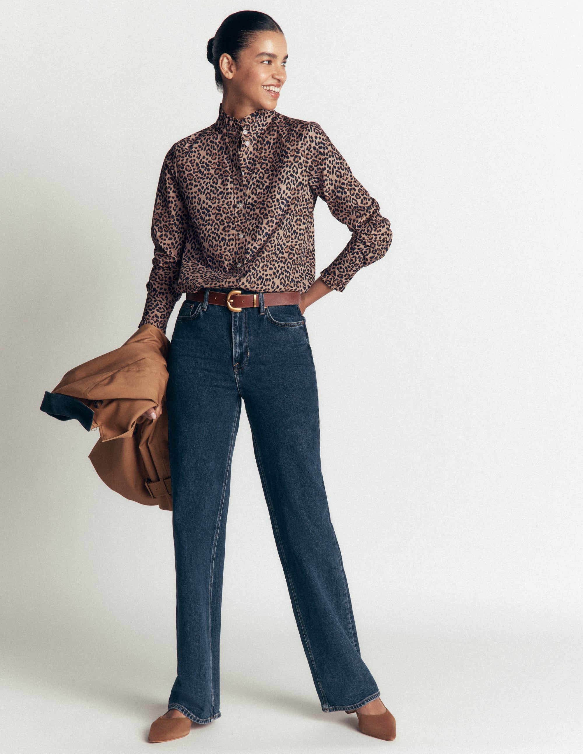 Sienna Frill Cotton Shirt-Demerara, Brushed Animal - Image 5
