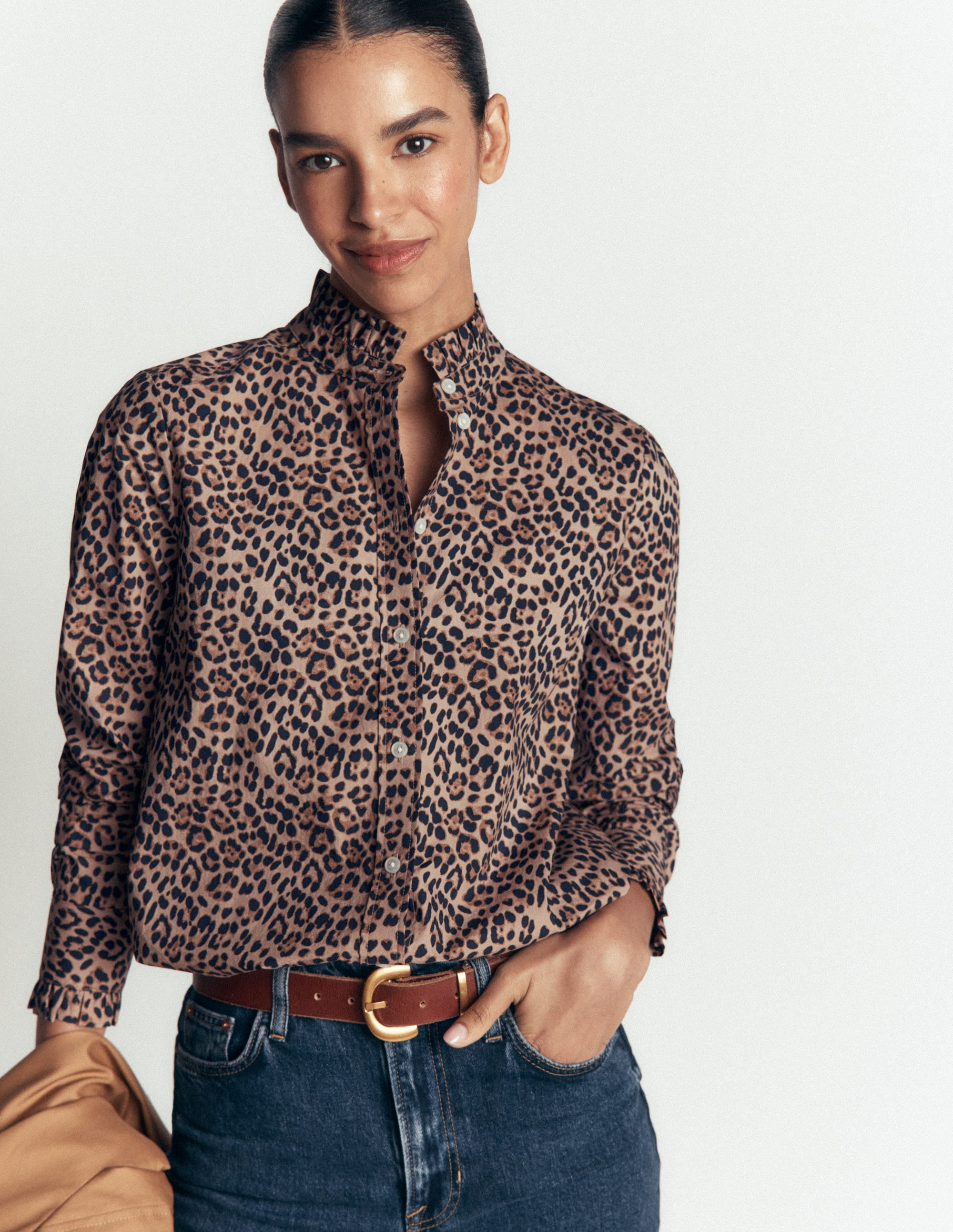 Sienna Frill Cotton Shirt-Demerara, Brushed Animal - Image 6