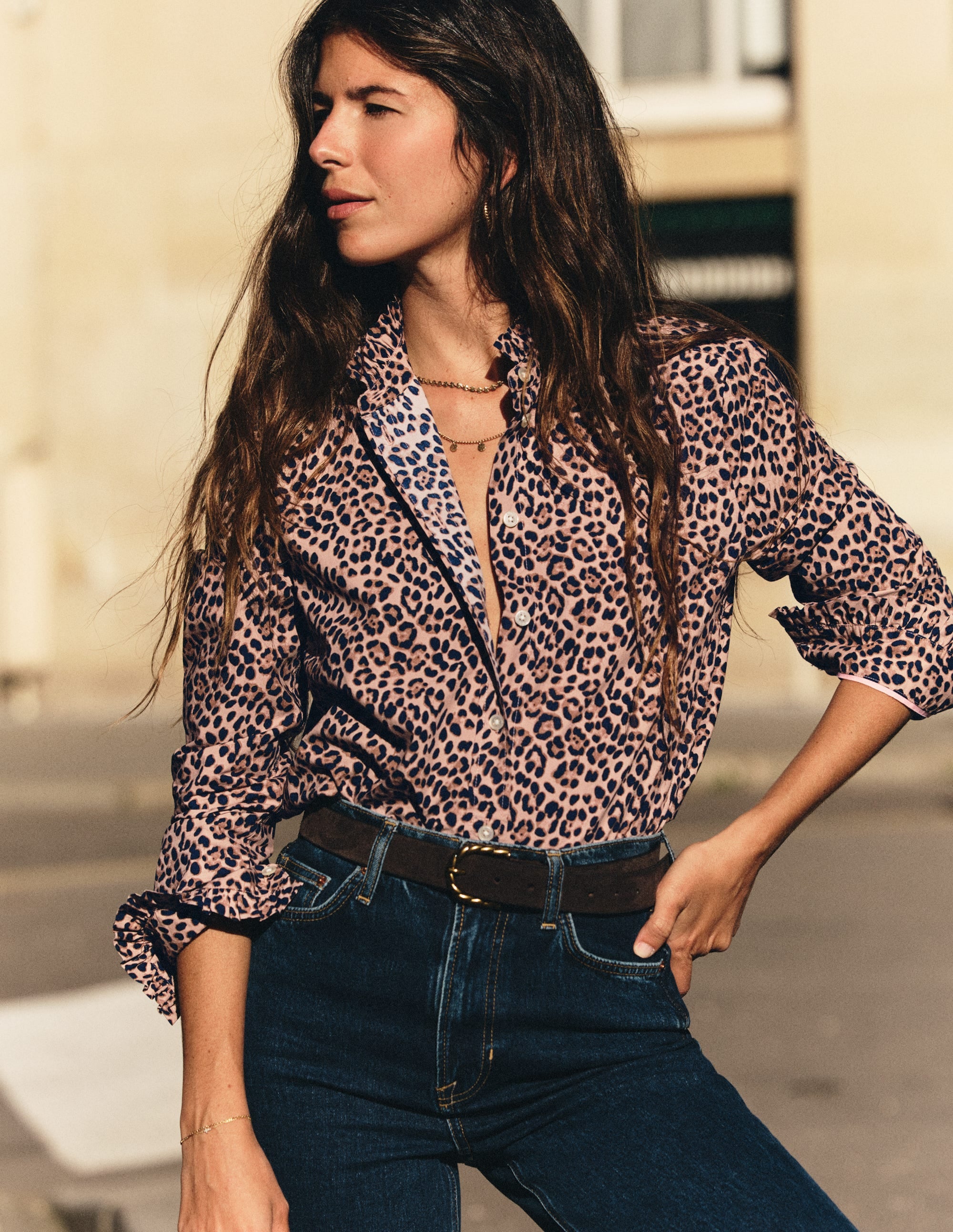 Sienna Frill Cotton Shirt-Demerara, Brushed Animal - Image 1