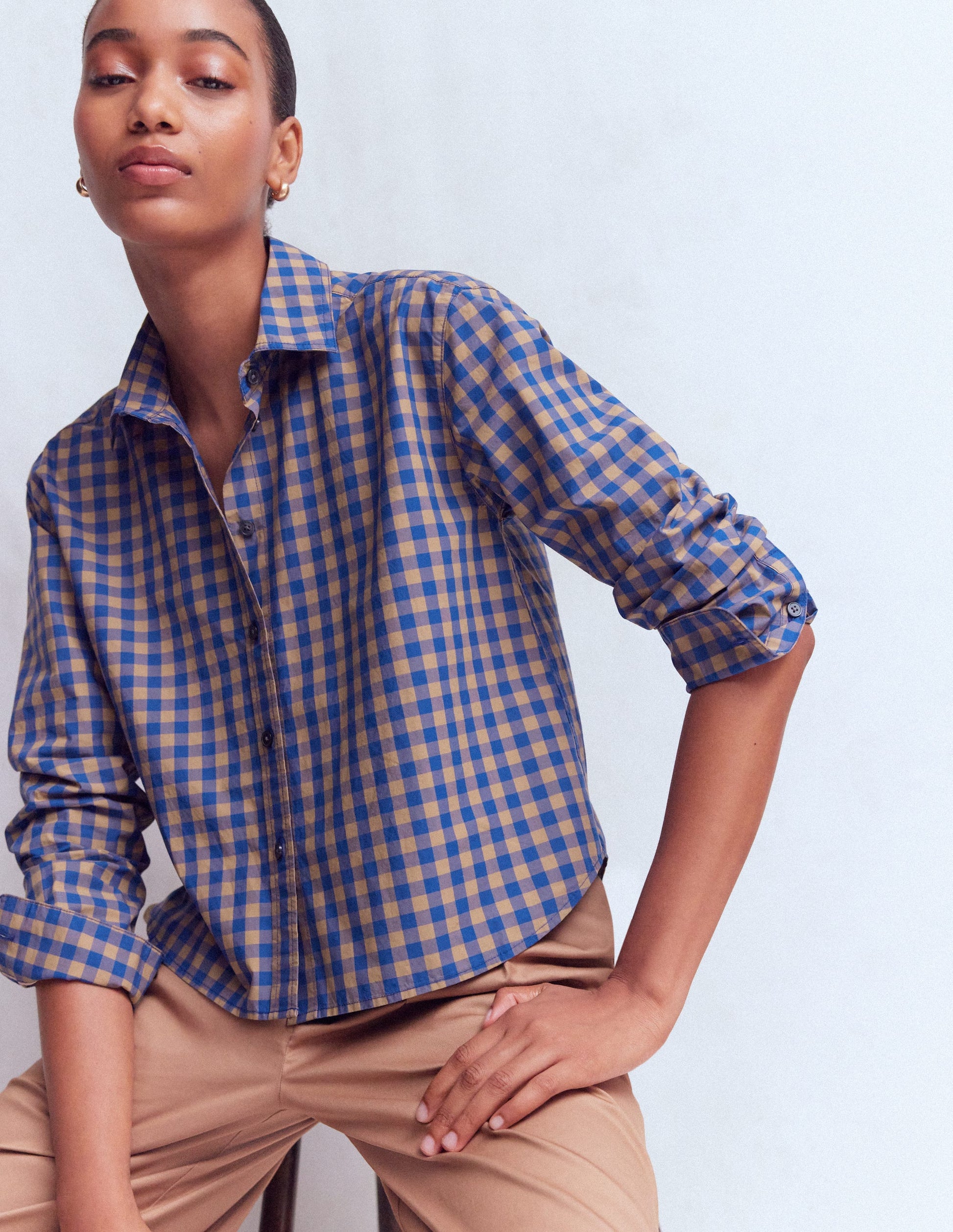 Sienna Cropped Cotton Shirt-Camel, Blue Gingham-1
