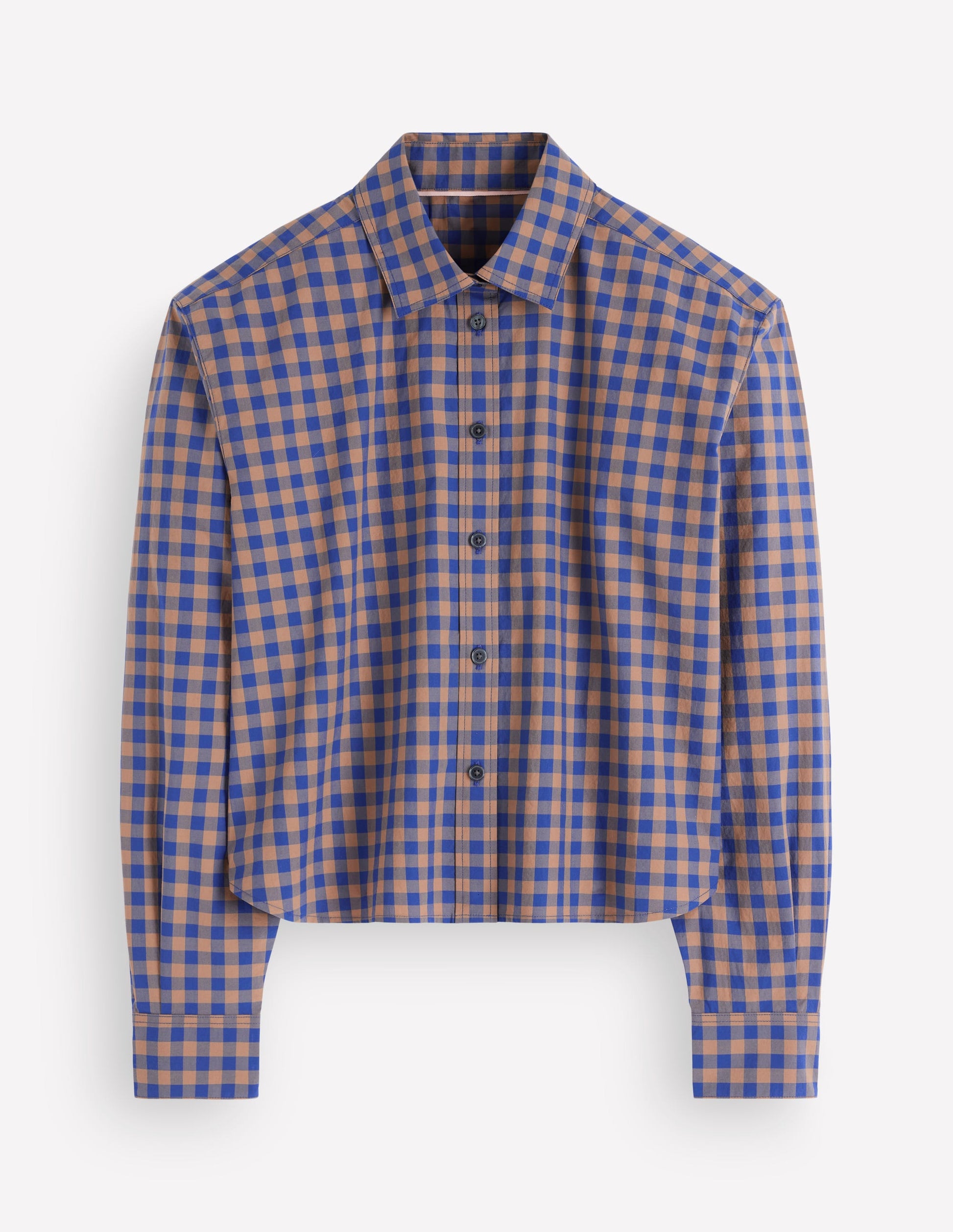 Sienna Cropped Cotton Shirt-Camel, Blue Gingham-6