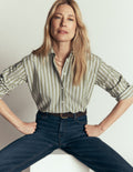 Sienna Cropped Cotton Shirt-Olive, Navy Tram Stripe