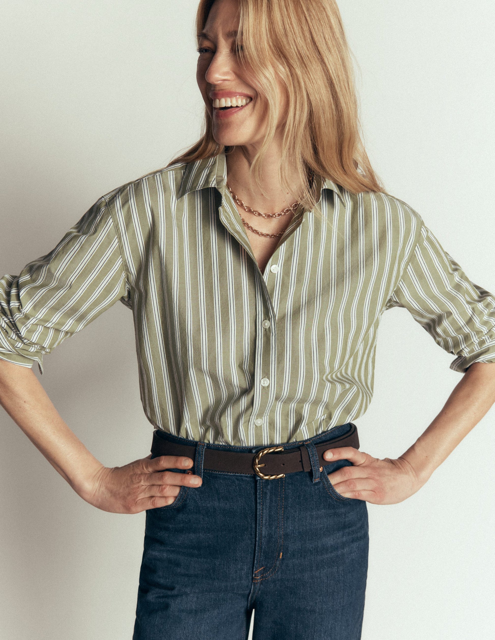 Sienna Cropped Cotton Shirt-Olive, Navy Tram Stripe-3