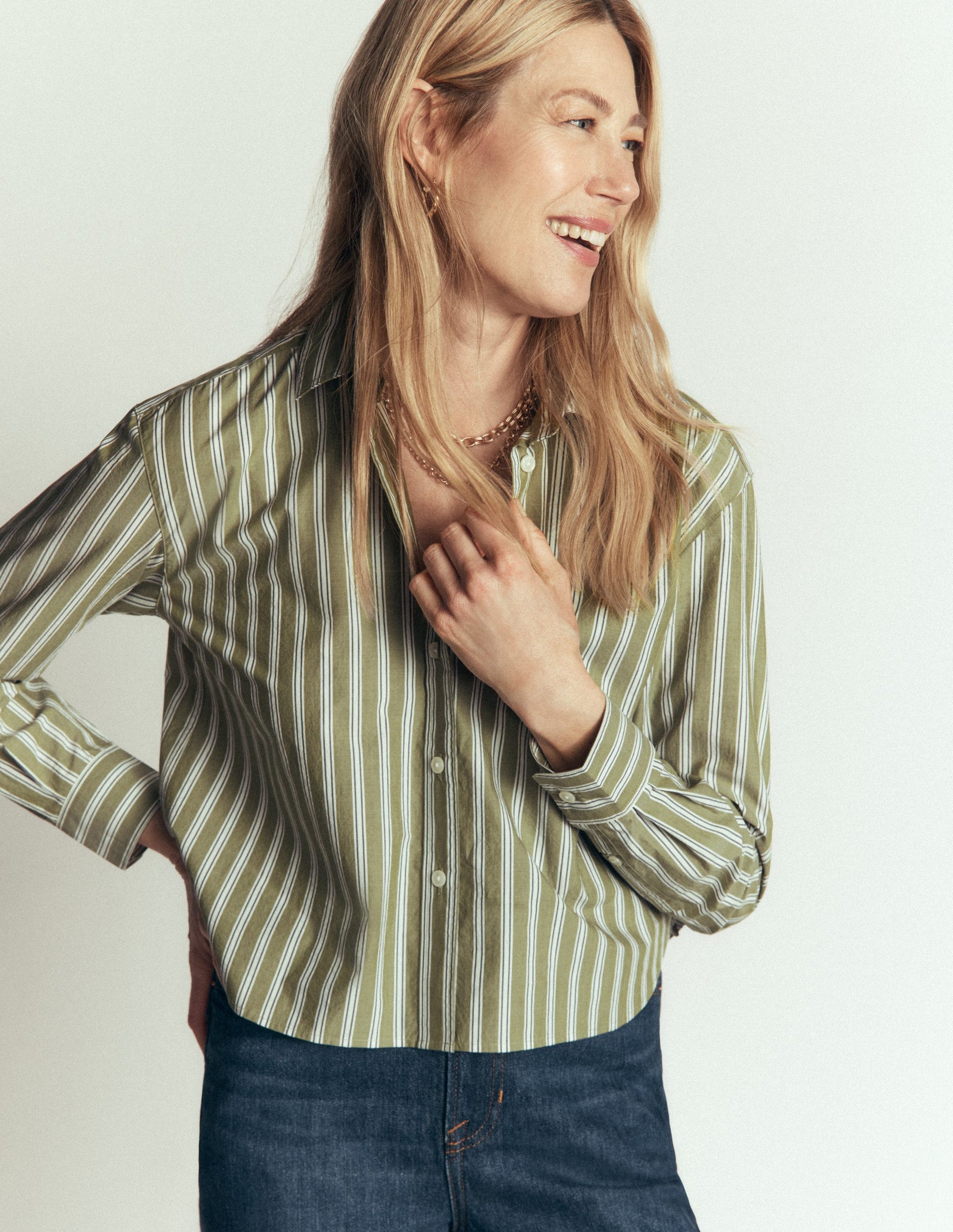 Sienna Cropped Cotton Shirt-Olive, Navy Tram Stripe-6