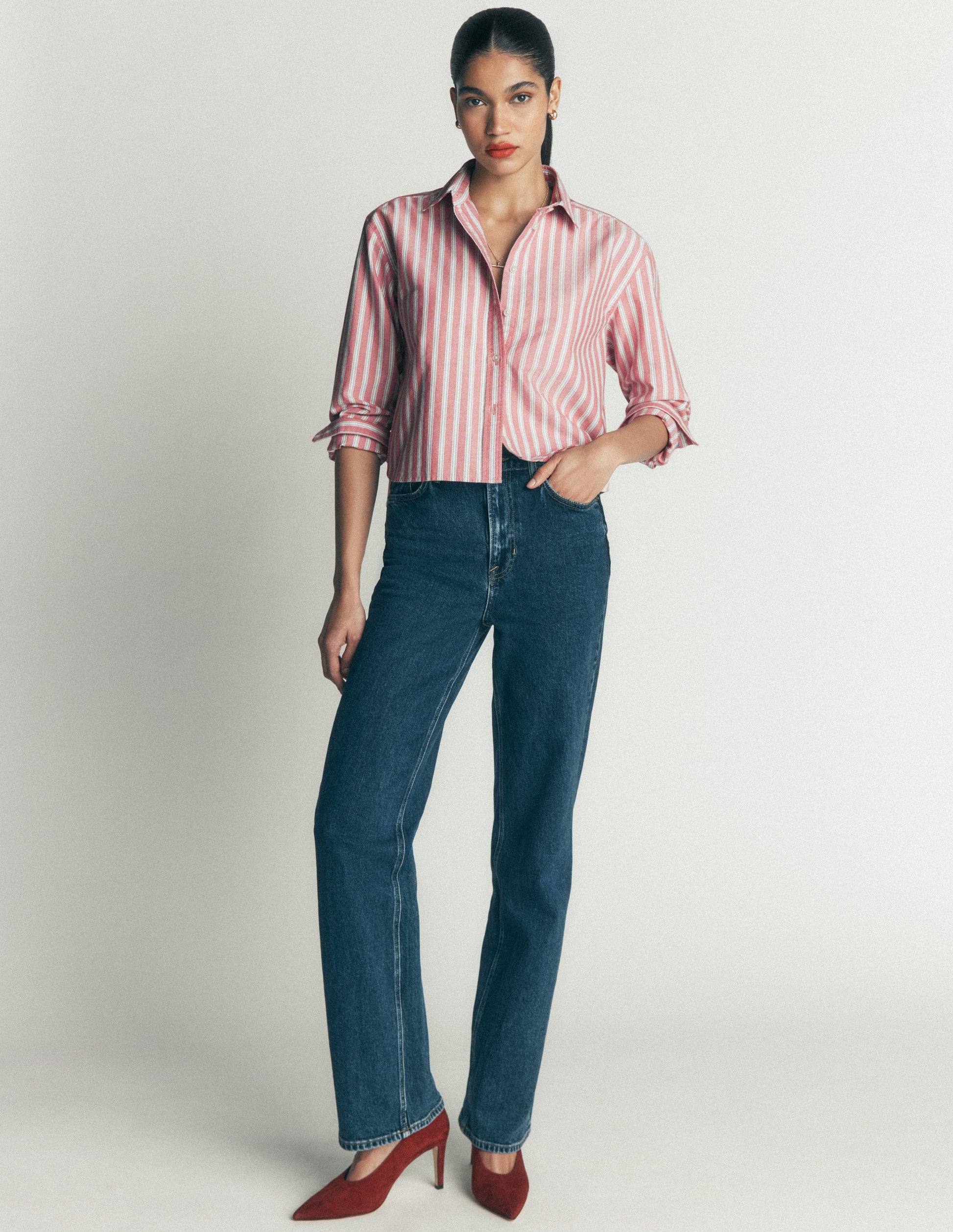 Sienna Cropped Cotton Shirt-Red, Navy Tram Stripe-6