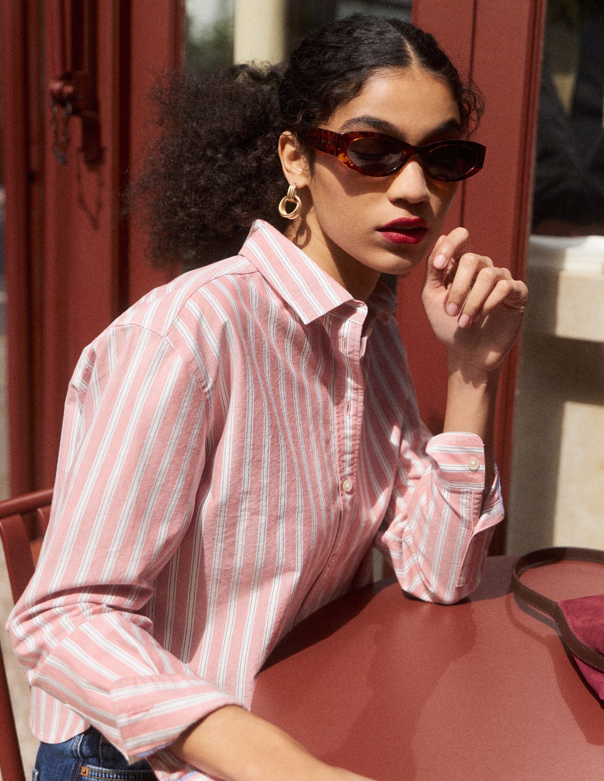 Sienna Cropped Cotton Shirt-Red, Navy Tram Stripe-1