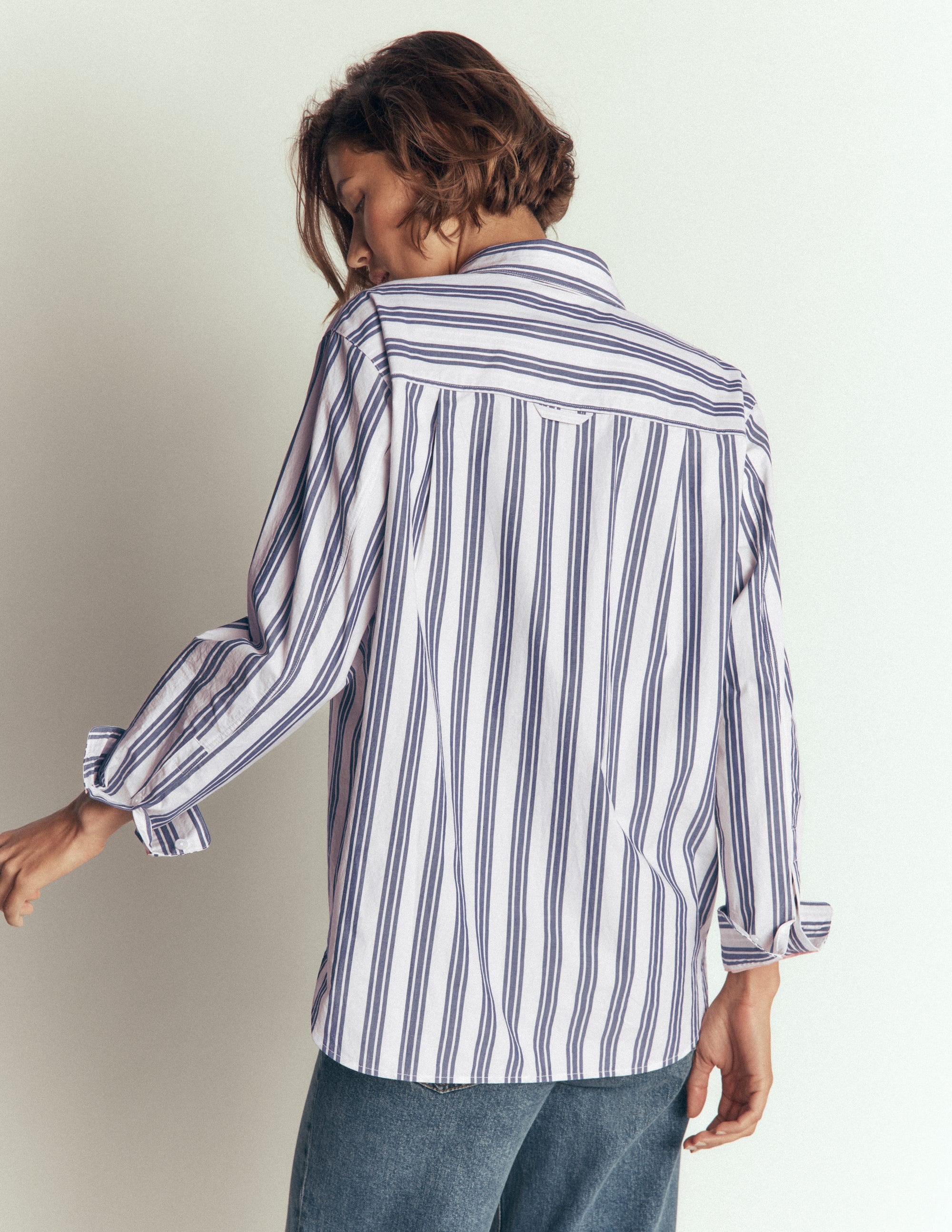 Sienna Relaxed Cotton Shirt-Navy Wide Stripe - Image 3