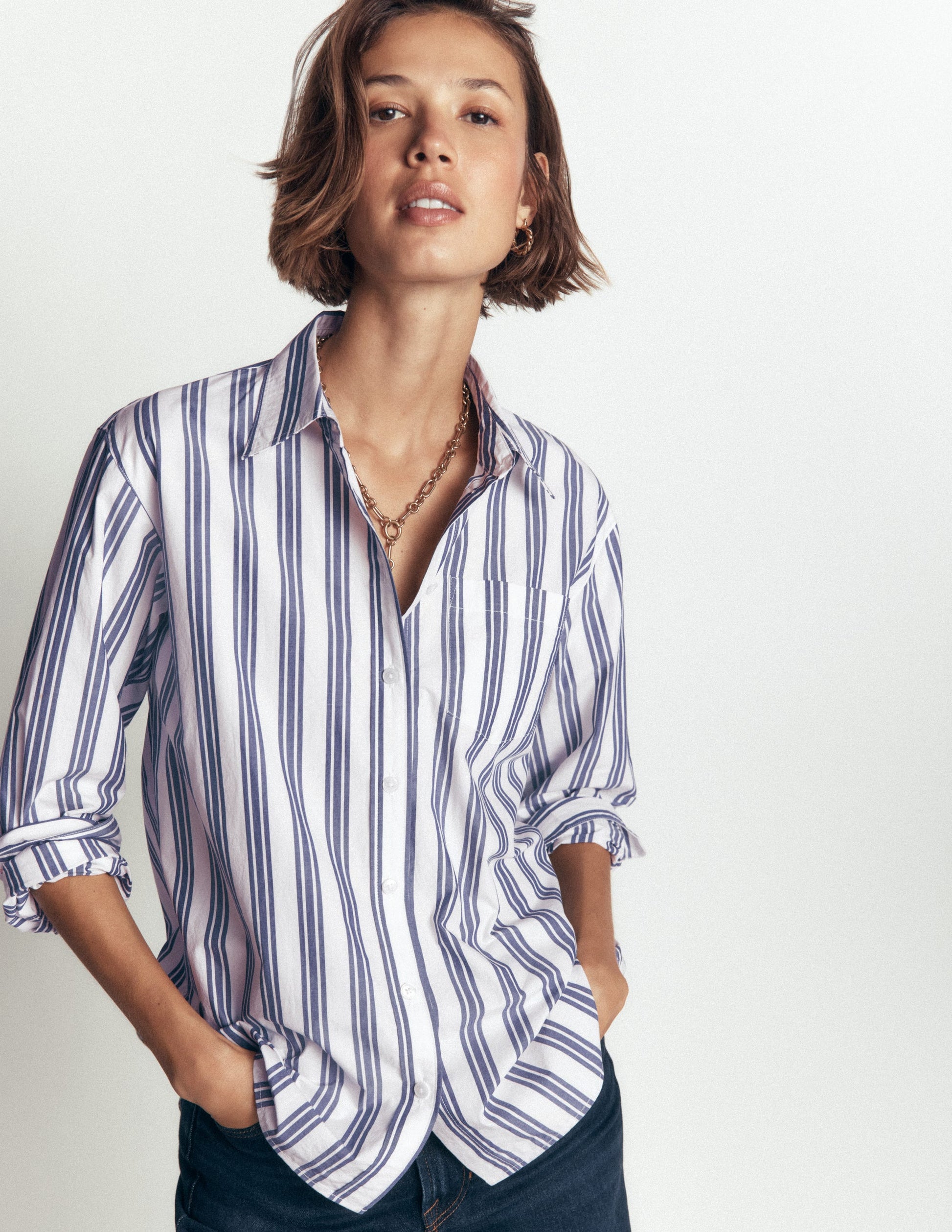 Sienna Relaxed Cotton Shirt-Ivory, Navy Tram Stripe-5