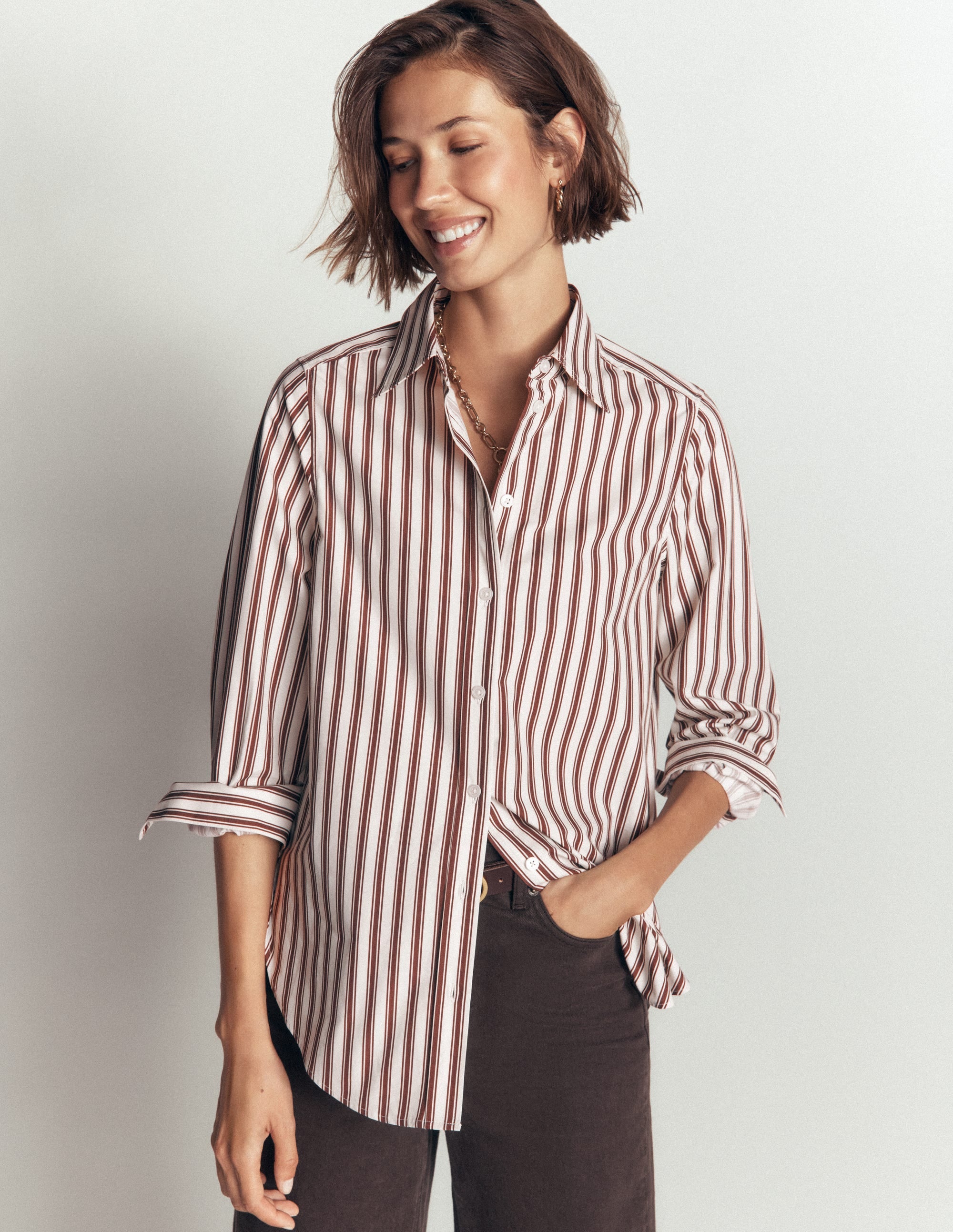 Anna Longline Cotton Shirt-Ivory, Brown Tram Stripe - Image 1
