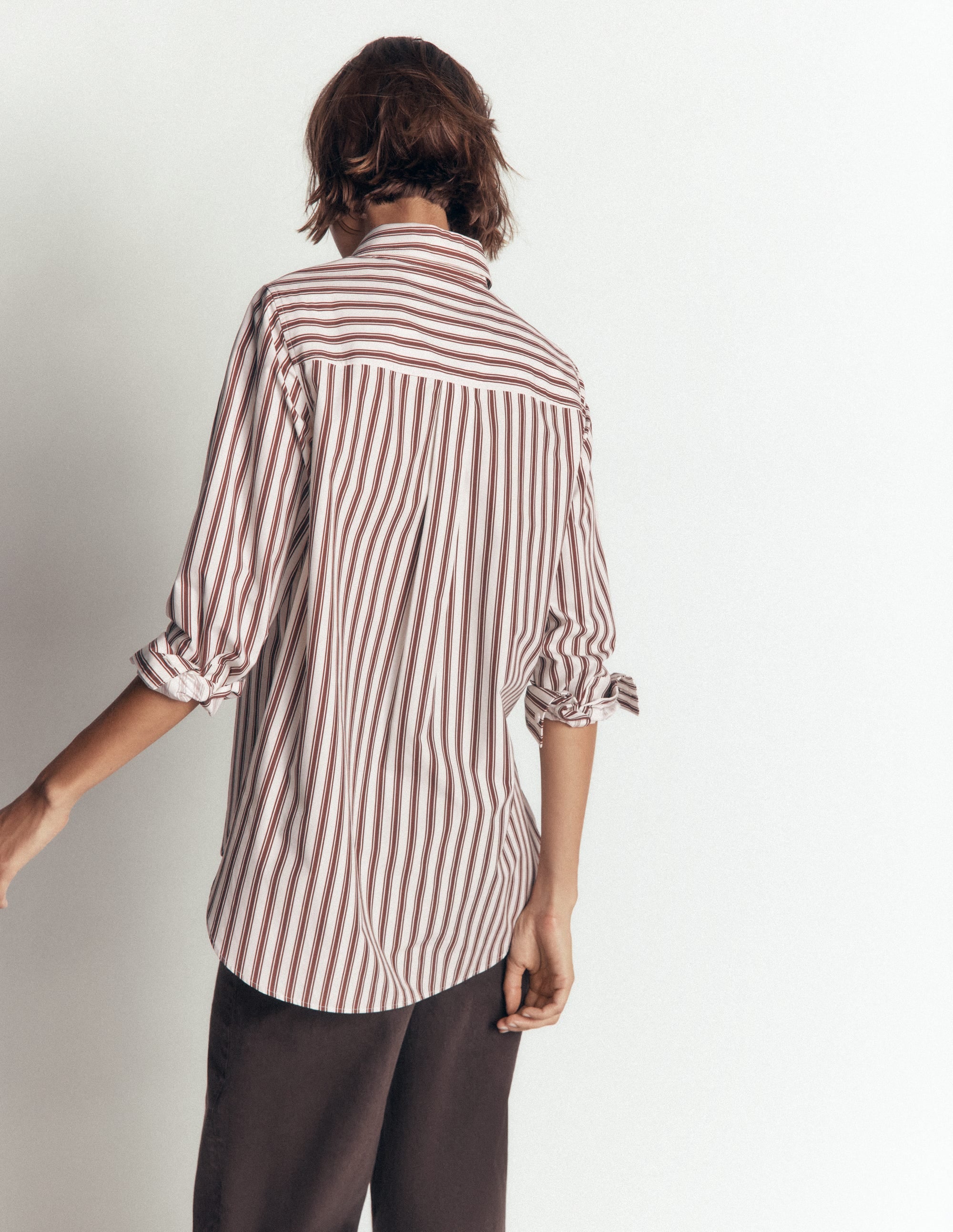 Anna Longline Cotton Shirt-Ivory, Brown Tram Stripe - Image 3