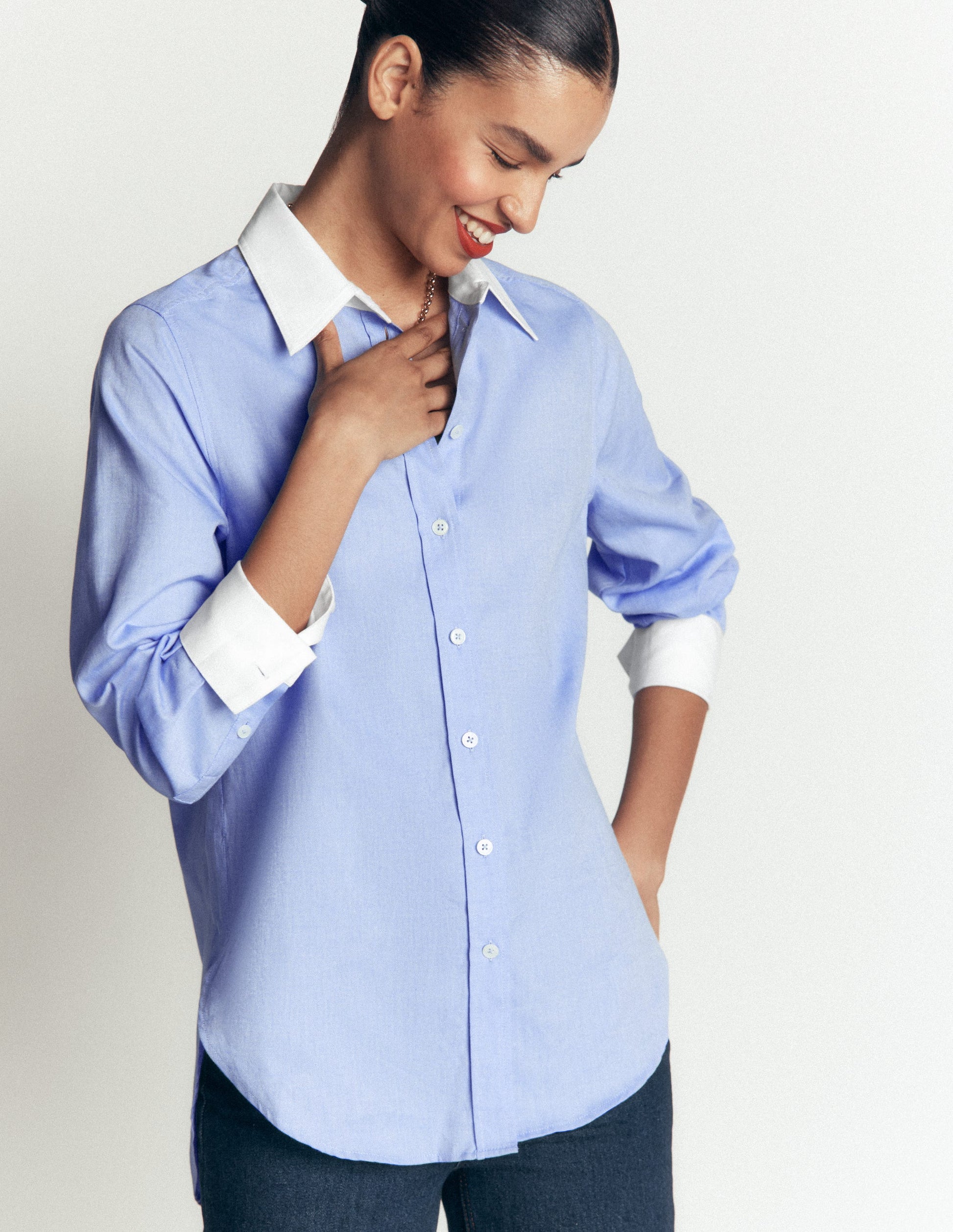 Anna Longline Cotton Shirt-Blue Oxford-1