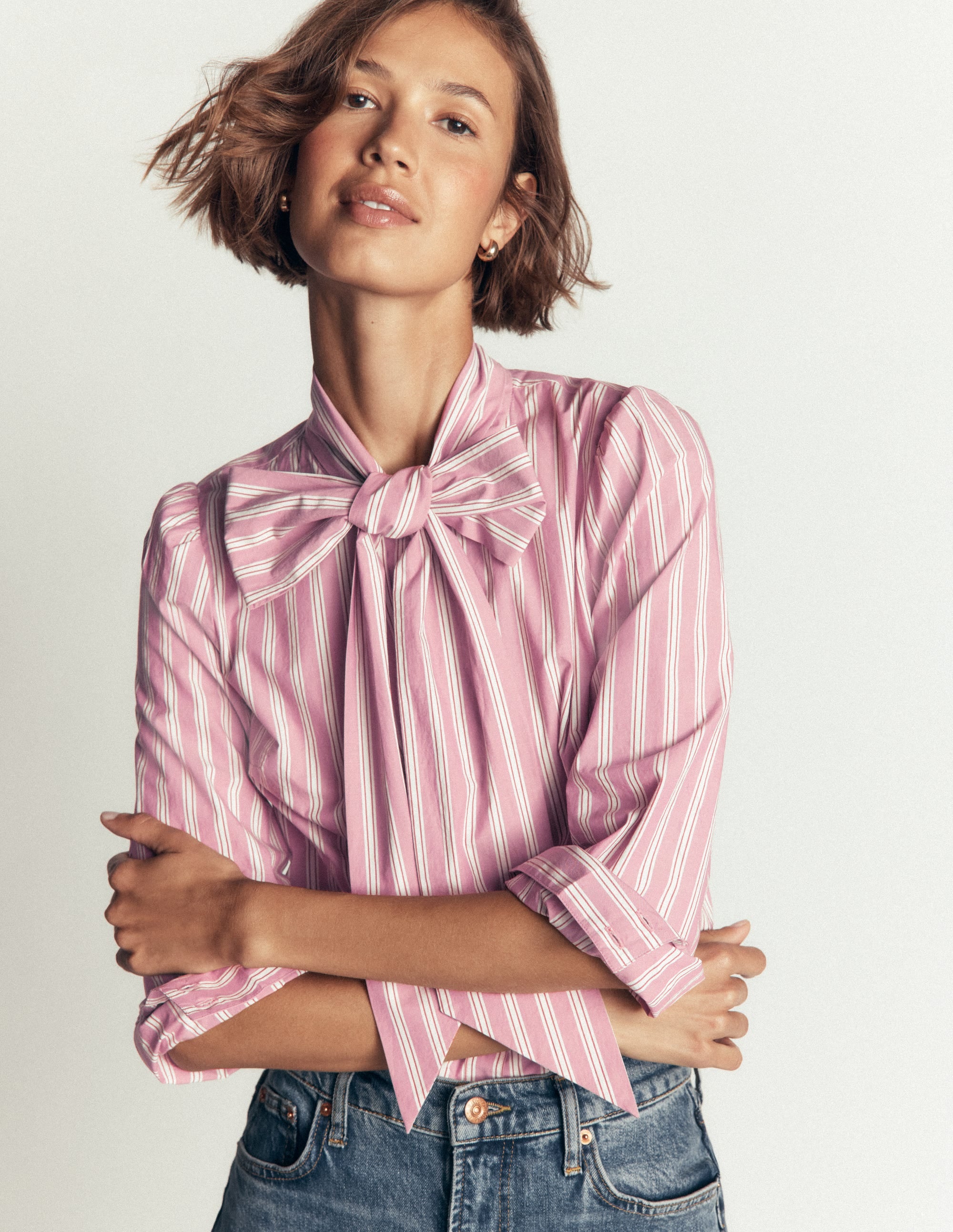 Clara Tie Neck Top-Pink and Brown Stripe - Image 1