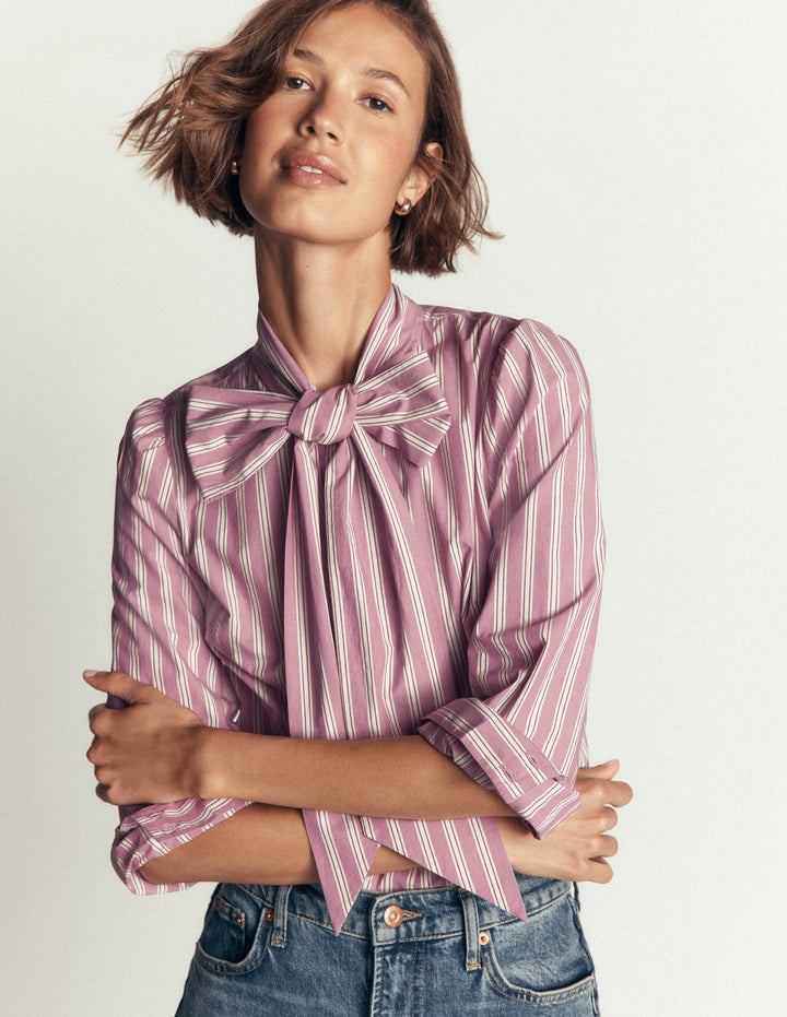 Clara Tie Neck Top-Pink and Brown Stripe