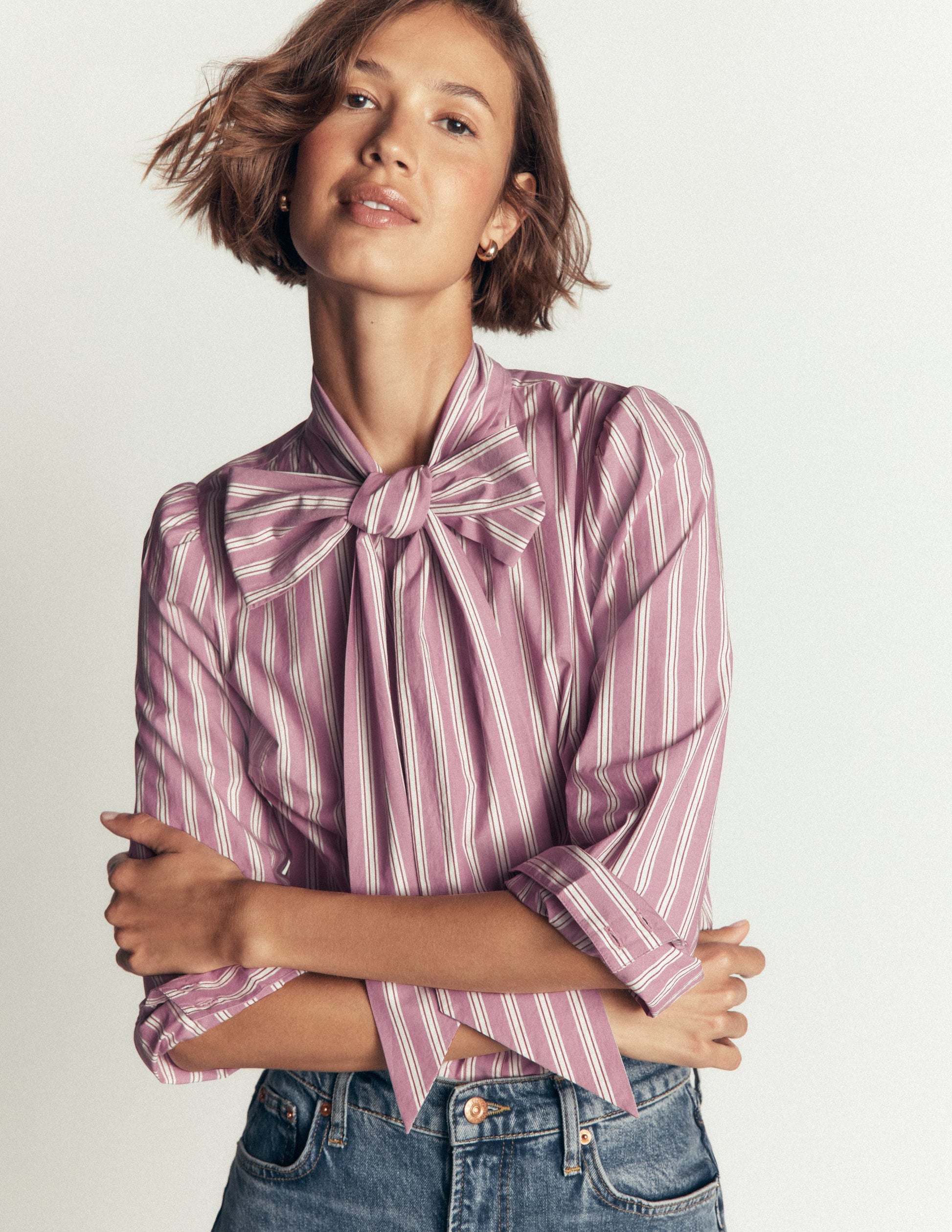 Clara Tie Neck Top-Pink and Brown Stripe-1