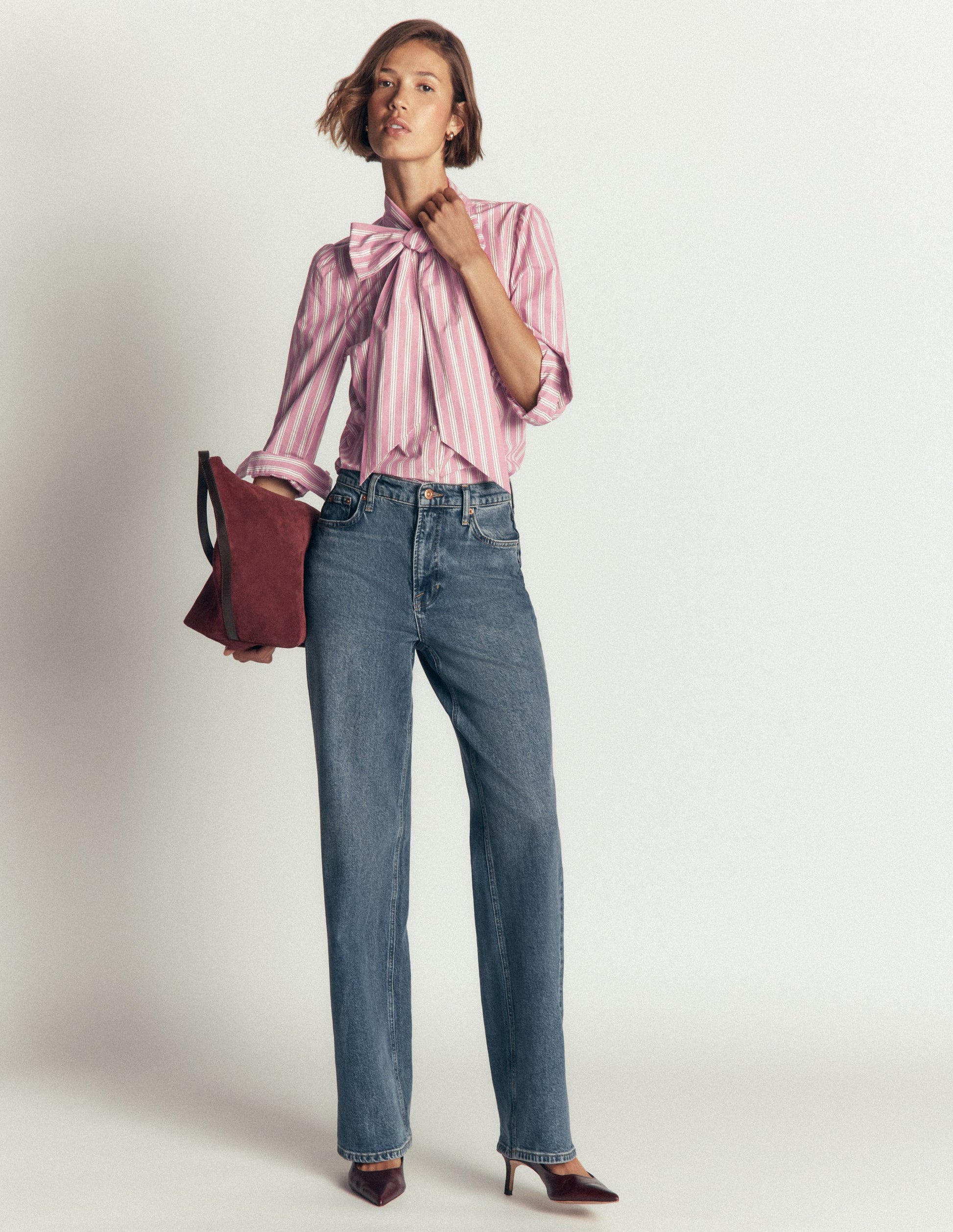 Clara Tie Neck Top-Pink and Brown Stripe-4
