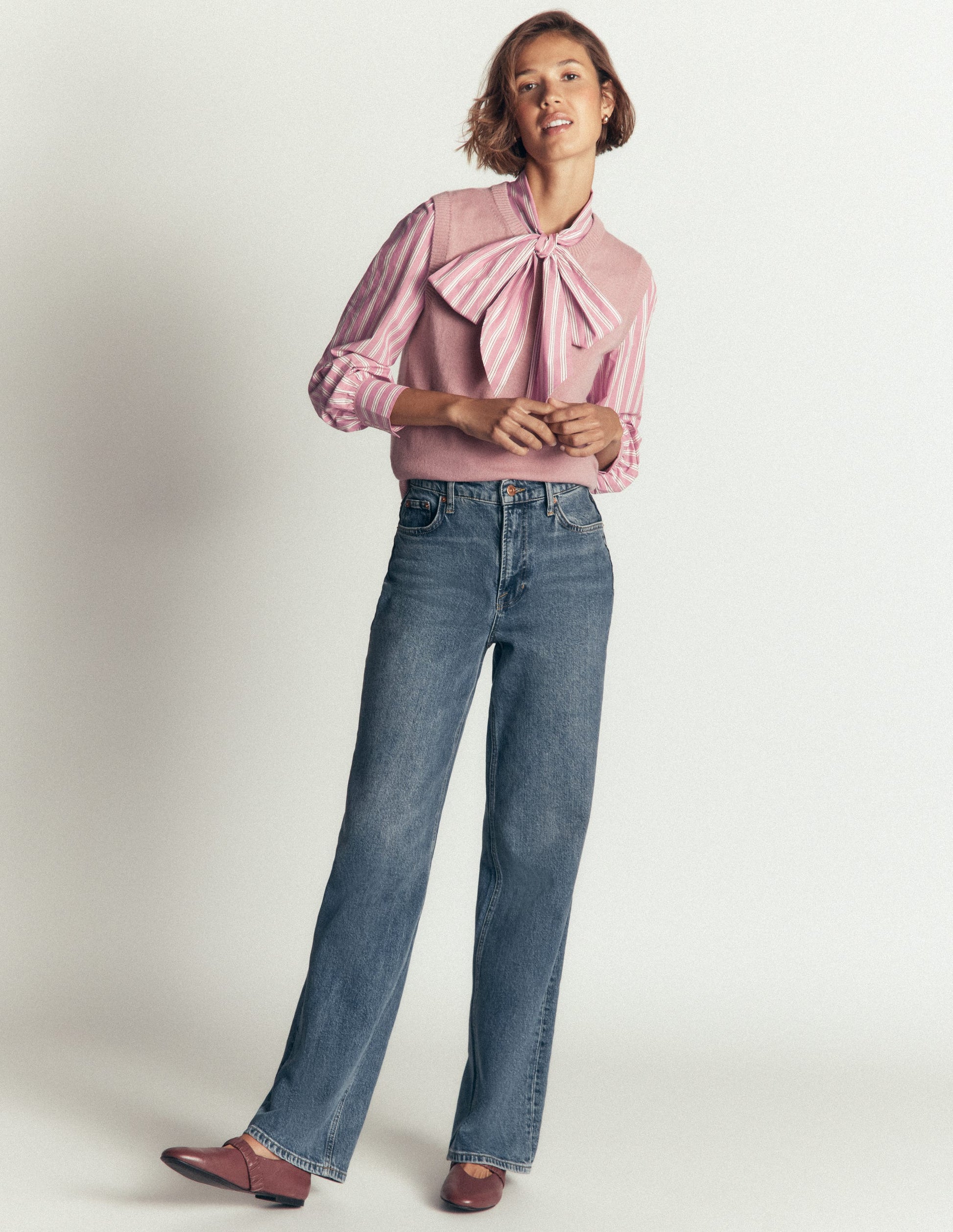Clara Tie Neck Top-Pink and Brown Stripe-5