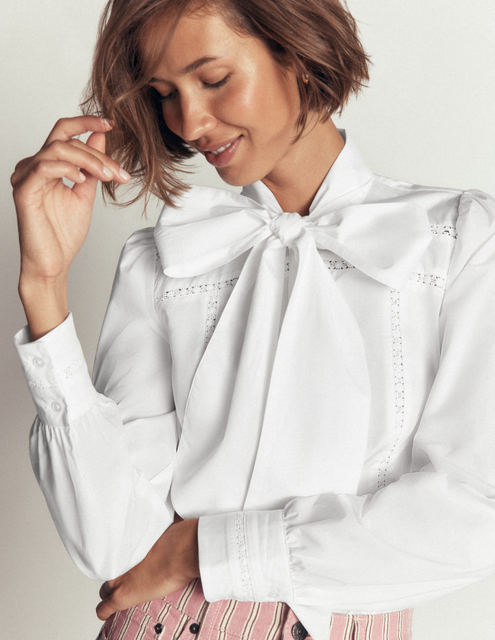 Clara Tie Neck Top-White Trim Detail
