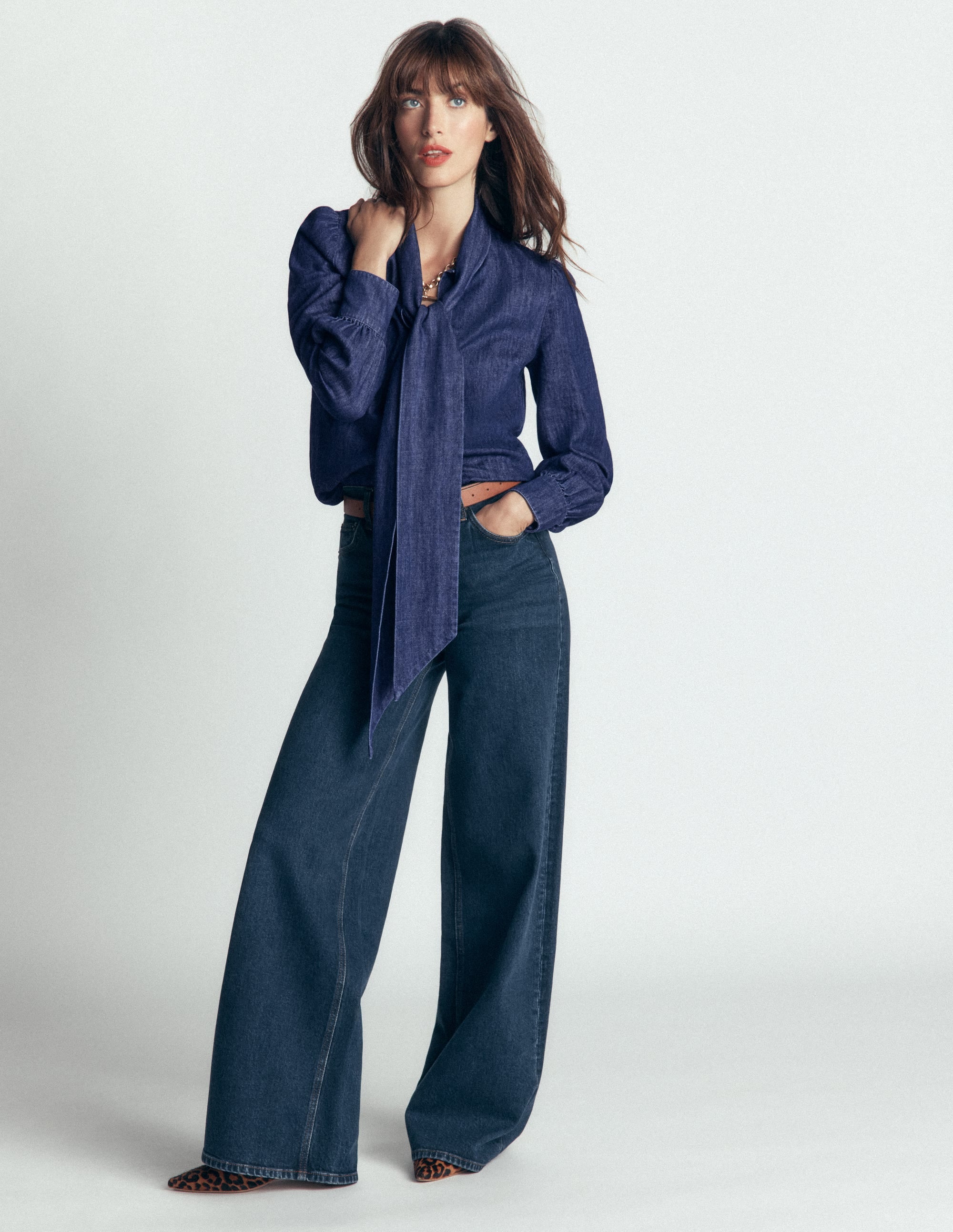 Clara Tie Neck Denim Top-Dark Indigo - Image 1