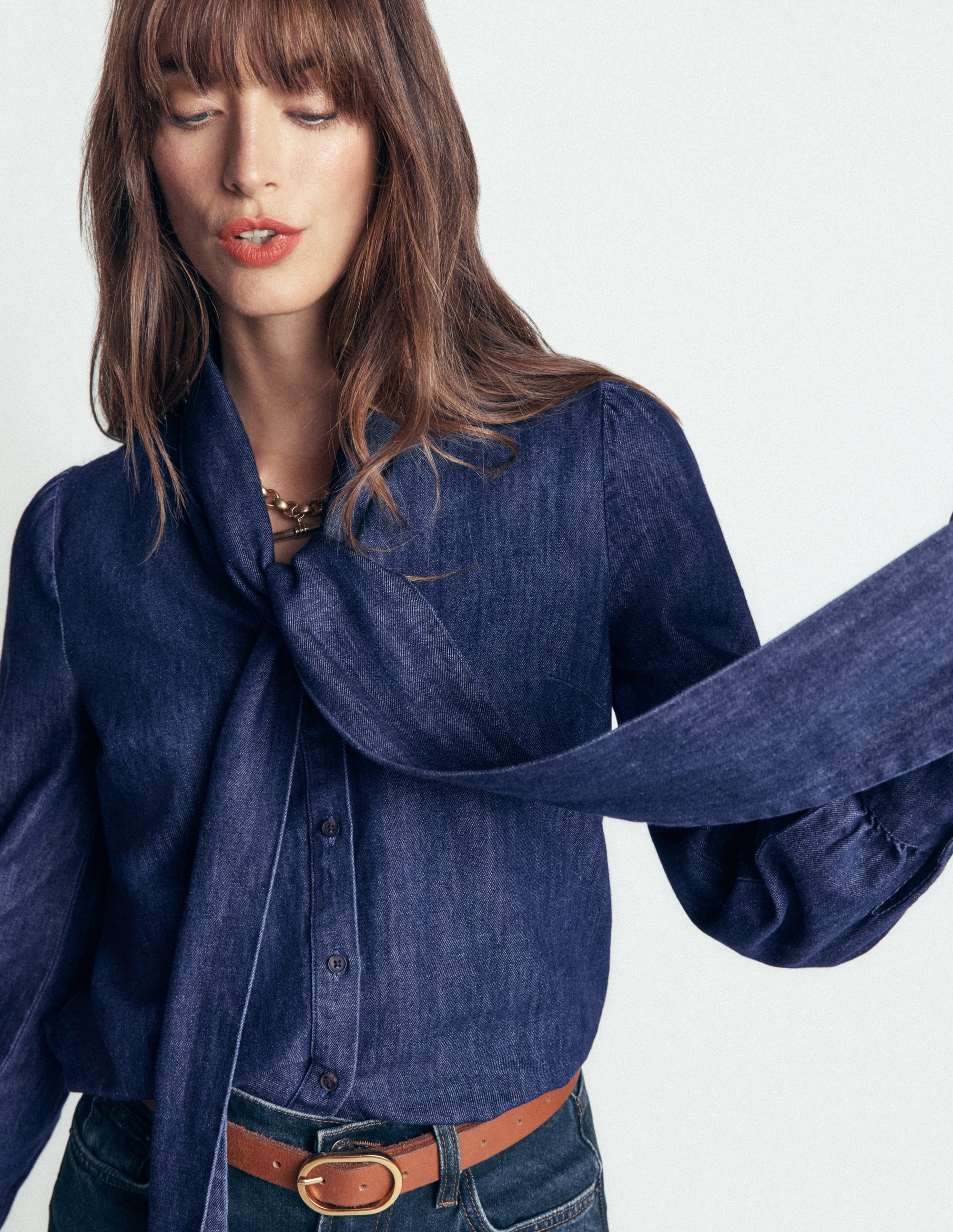 Clara Tie Neck Denim Top-Dark Indigo - Image 2