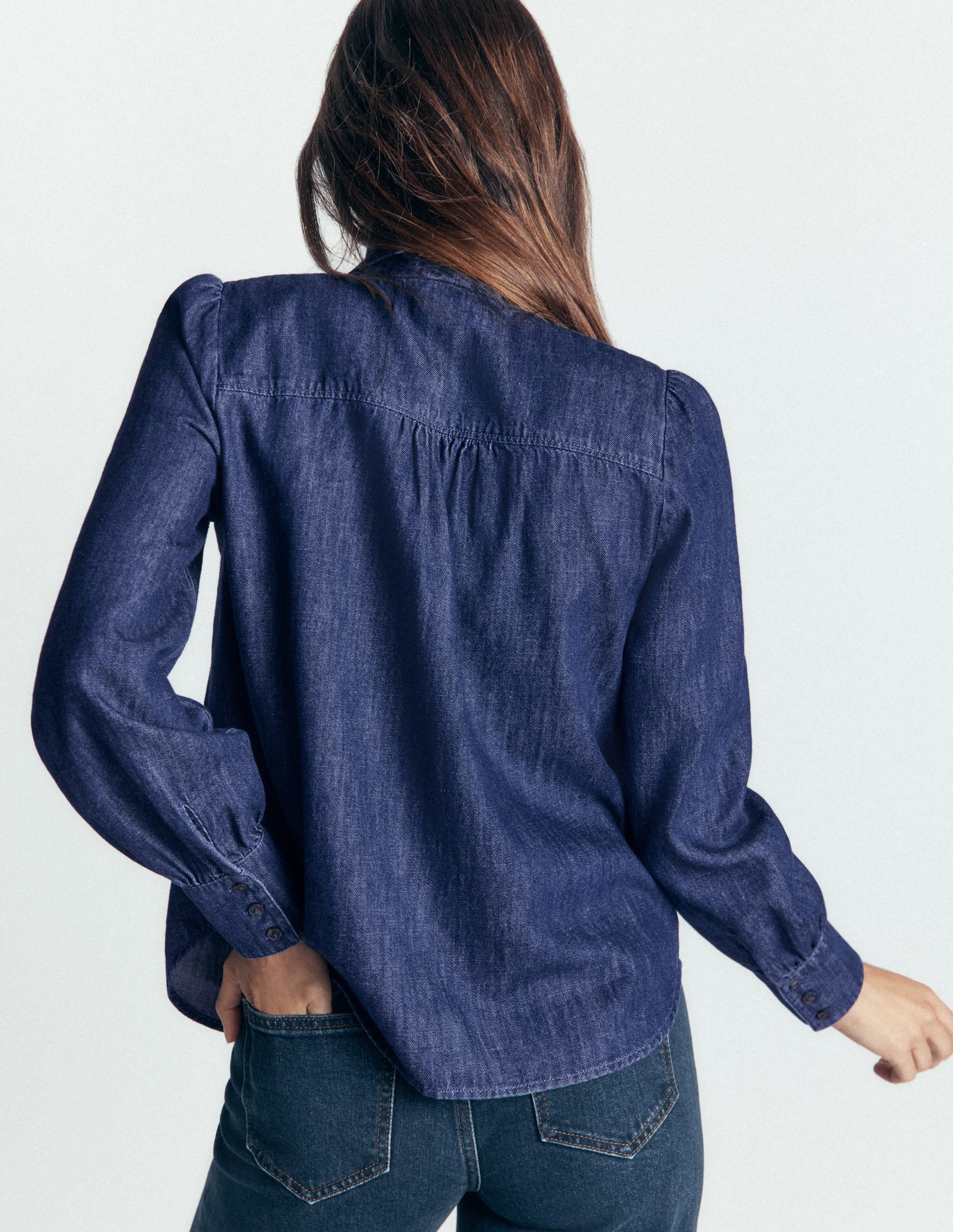 Clara Tie Neck Denim Top-Dark Indigo - Image 3