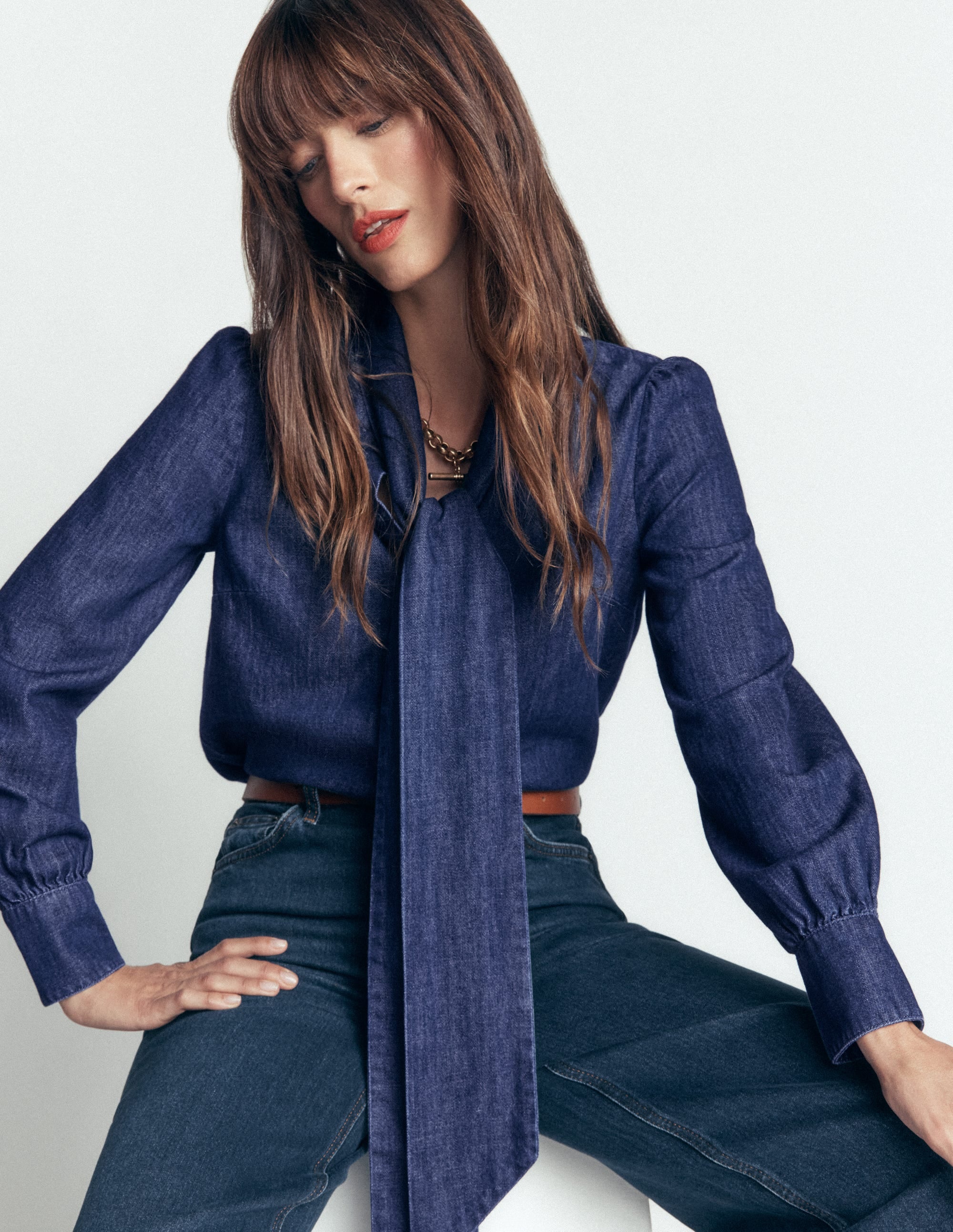 Clara Tie Neck Denim Top-Dark Indigo - Image 4