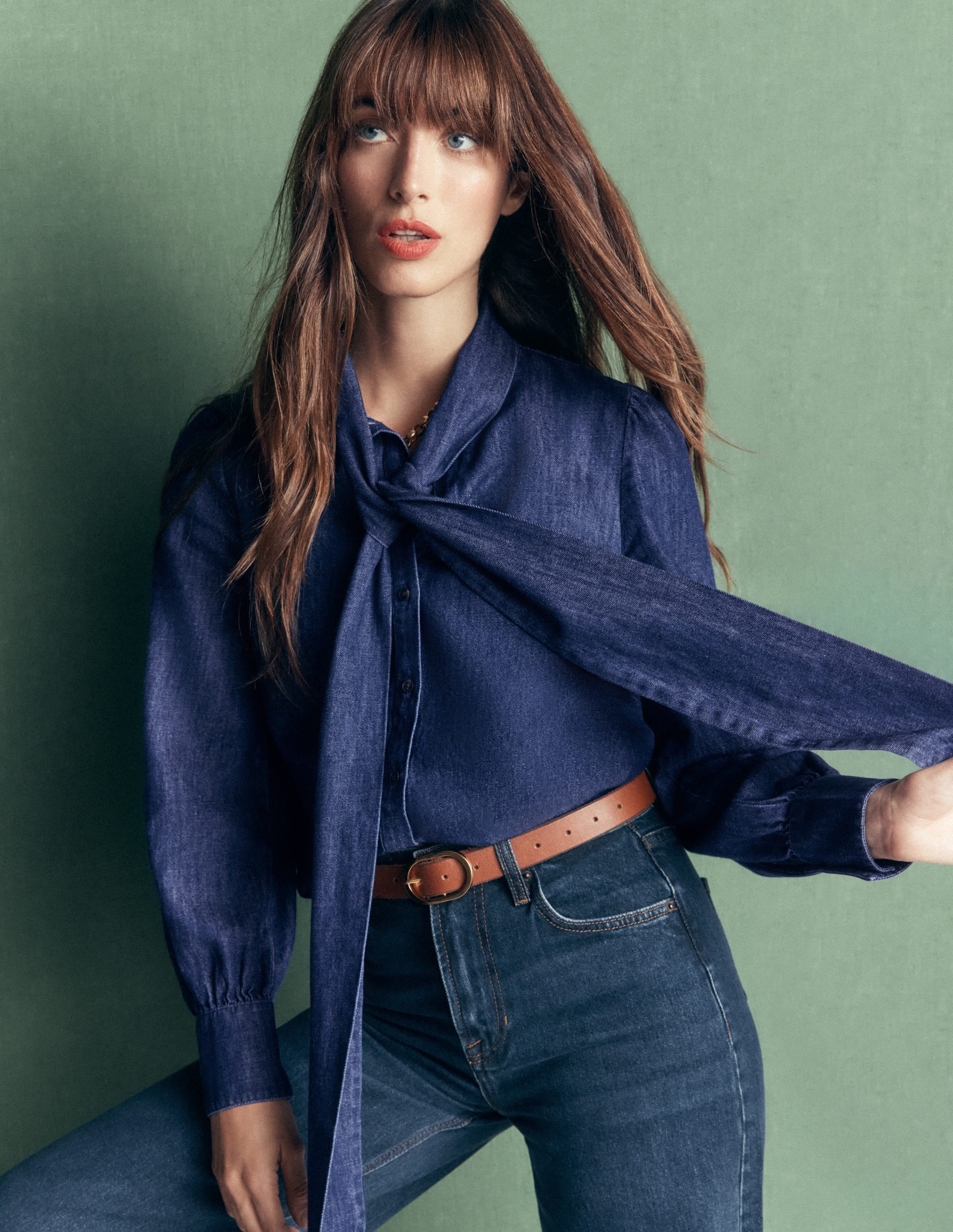 Clara Tie Neck Denim Top-Dark Indigo - Image 5