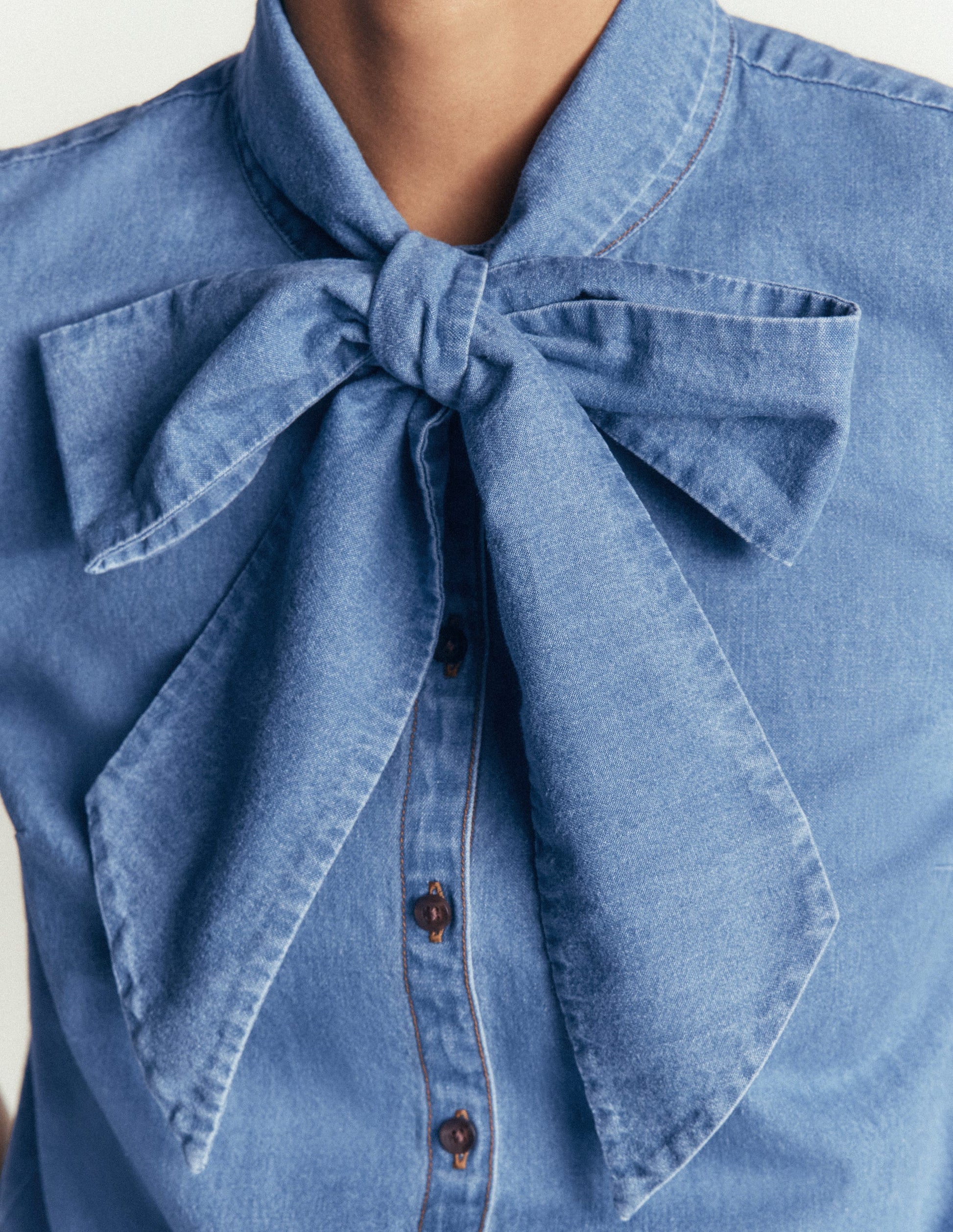 Tie Neck Denim Top-Light Vintage-3