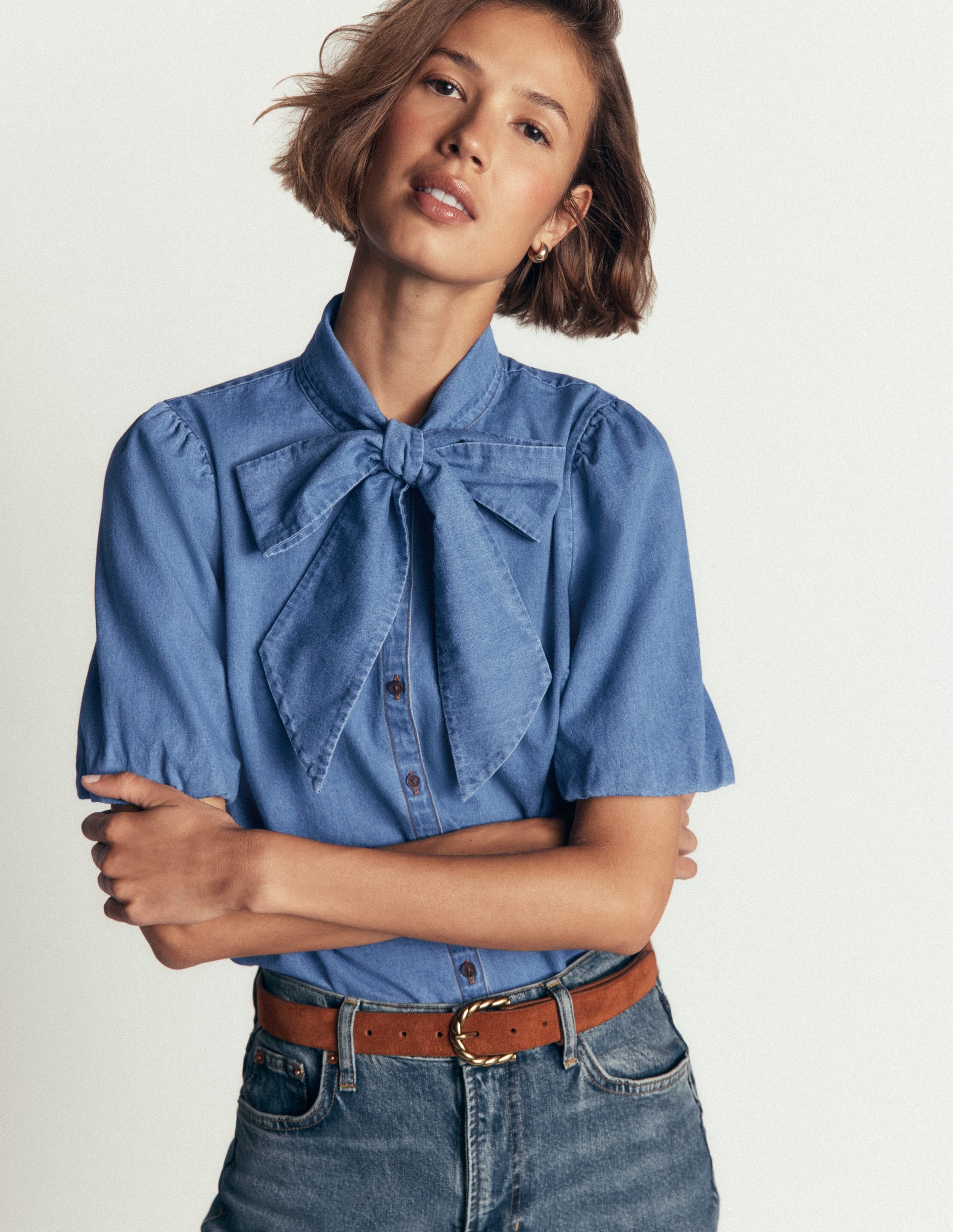 Tie Neck Denim Top-Light Vintage - Image 1