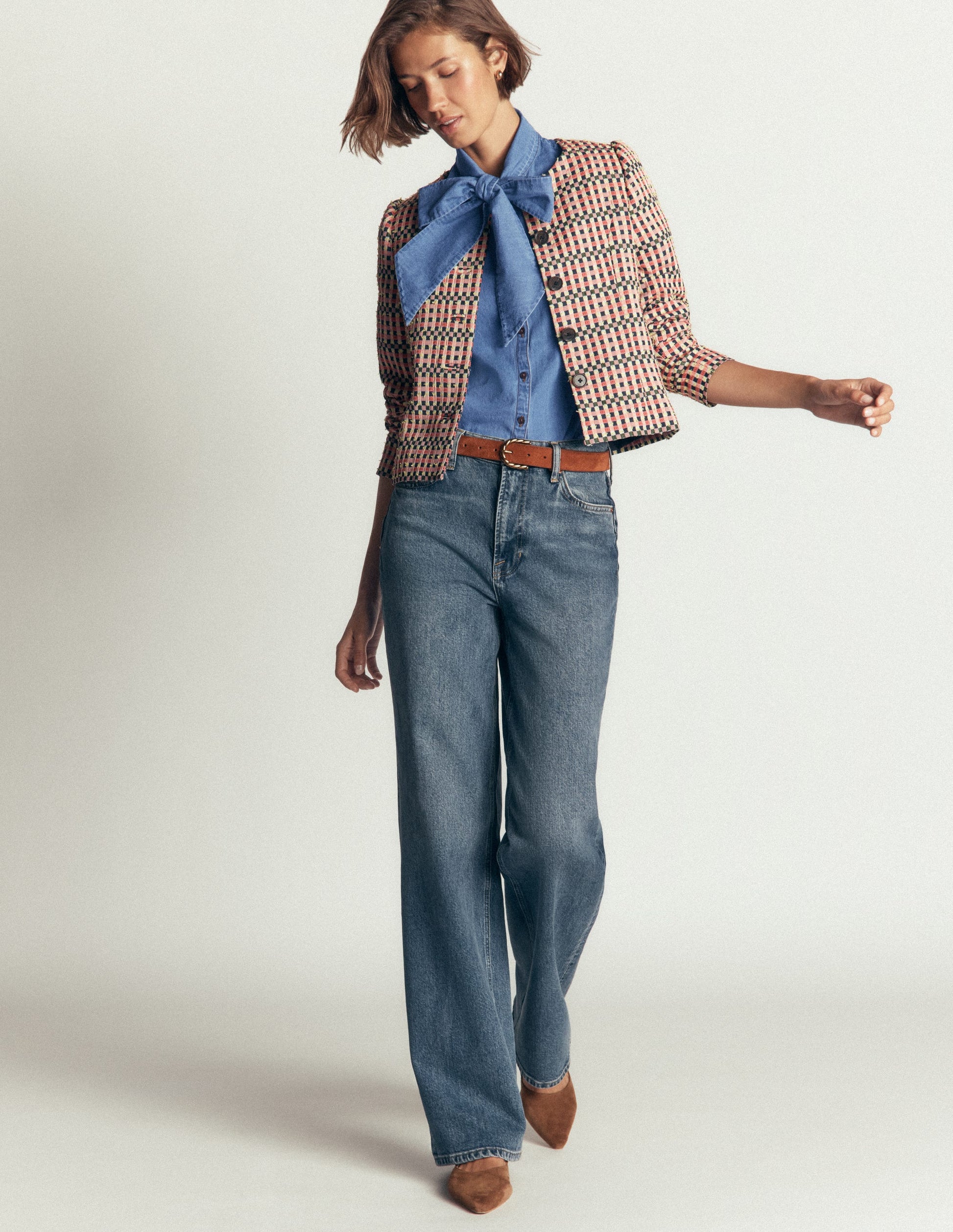 Tie Neck Denim Top-Light Vintage-4