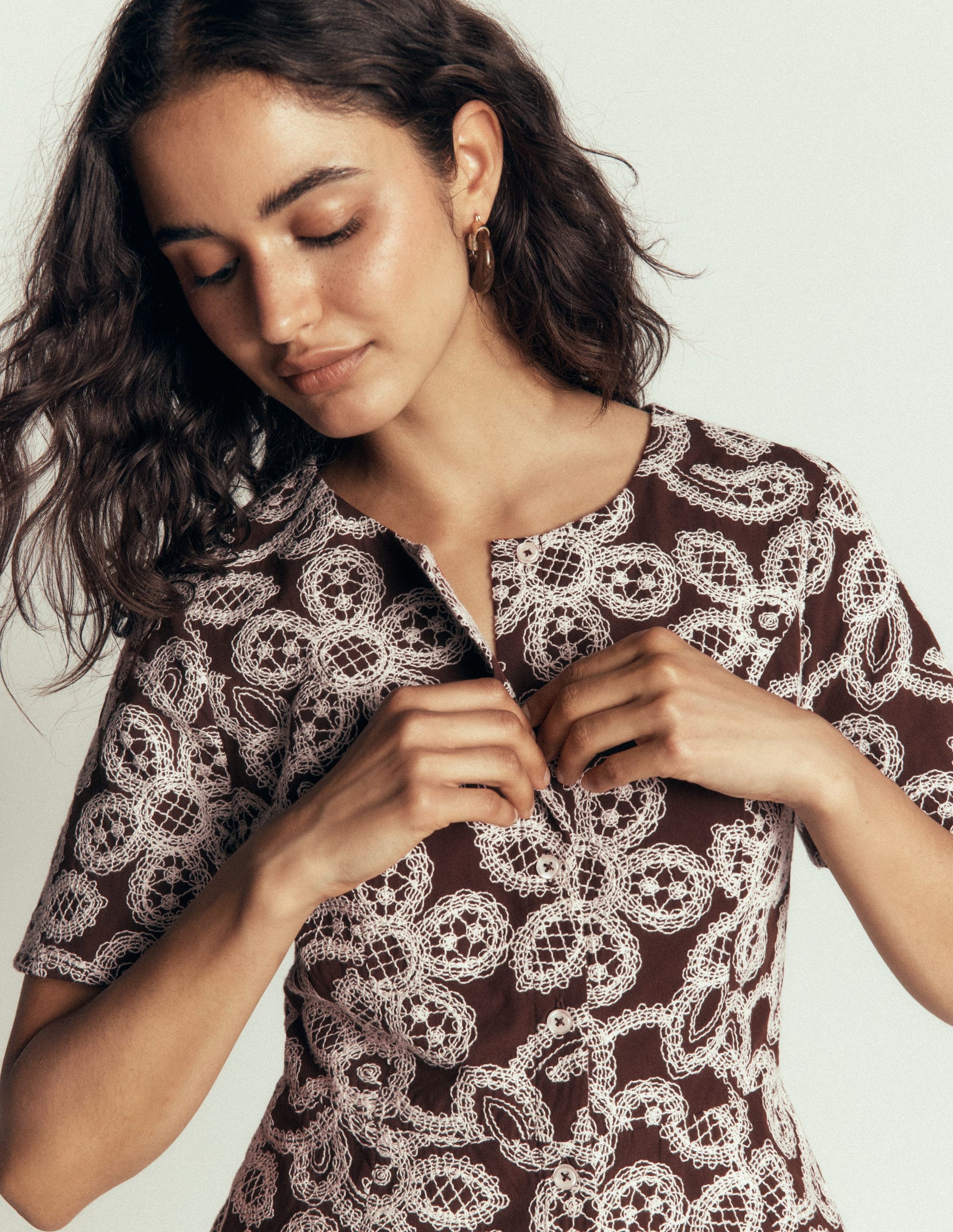 Embroidered Peplum Top-Bitter Chocolate-2