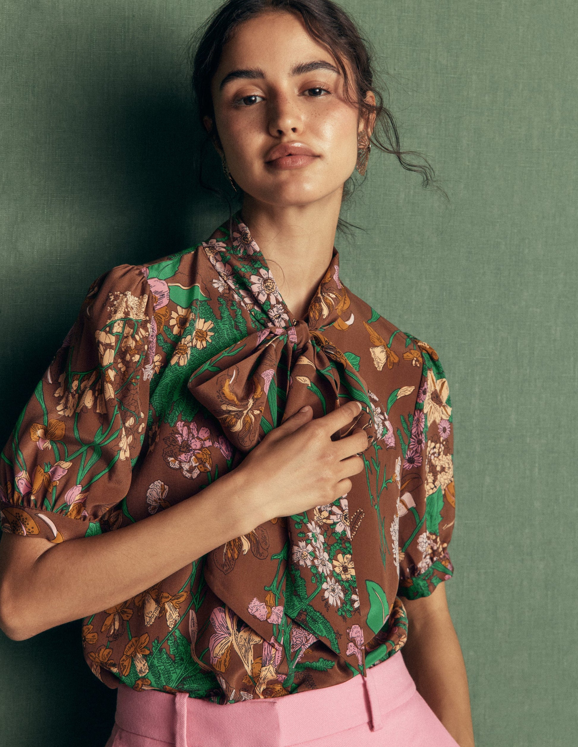 Tie Neck Silk Top-Woodland, Whimsical Flora-1