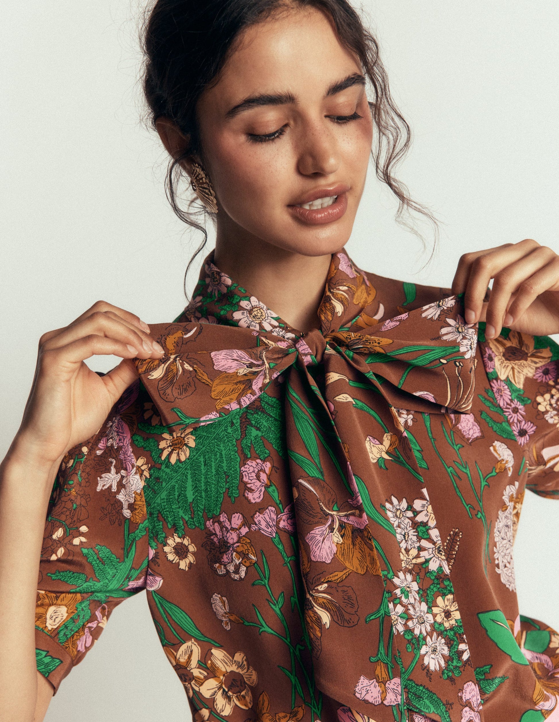 Tie Neck Silk Top-Woodland, Whimsical Flora-2