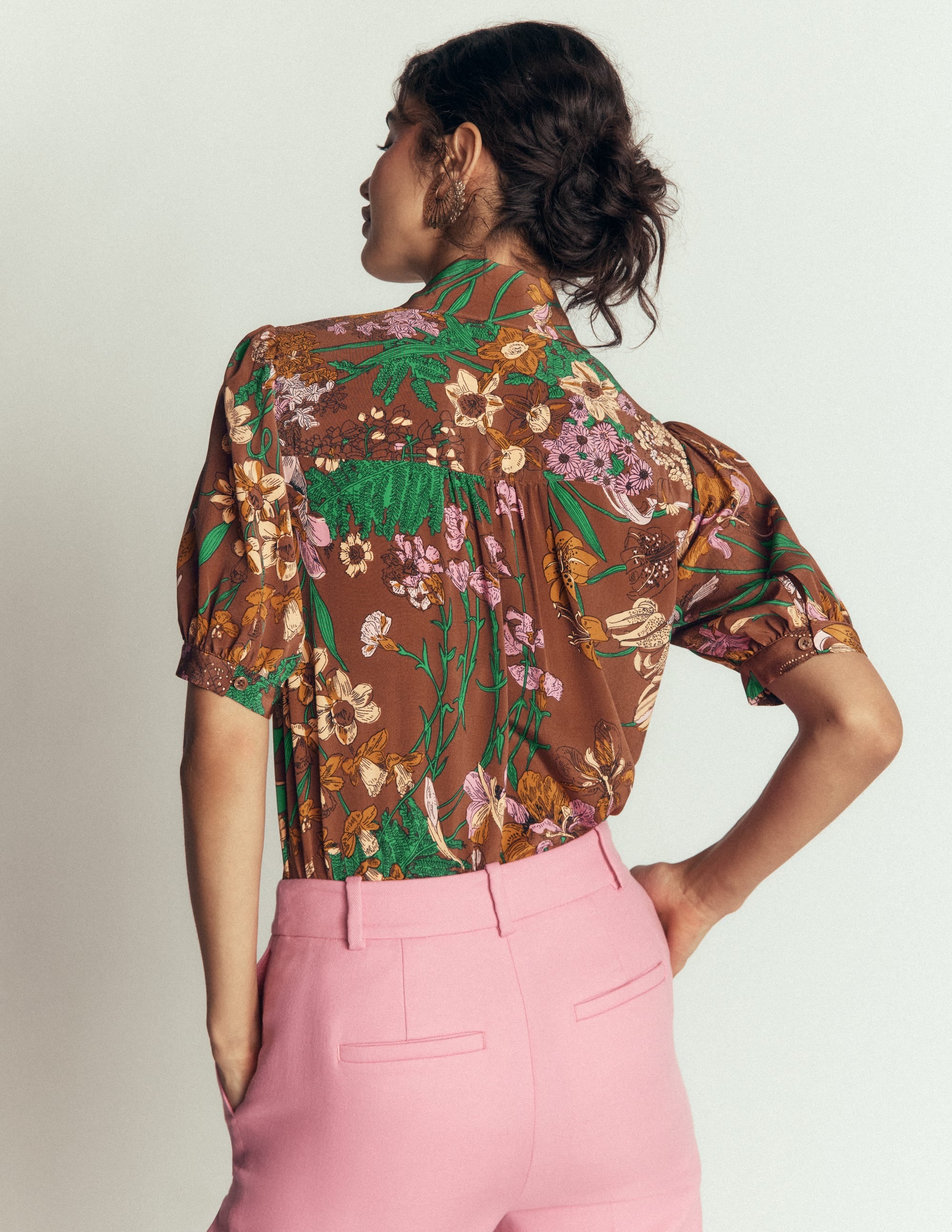Tie Neck Silk Top-Woodland, Whimsical Flora - Image 3