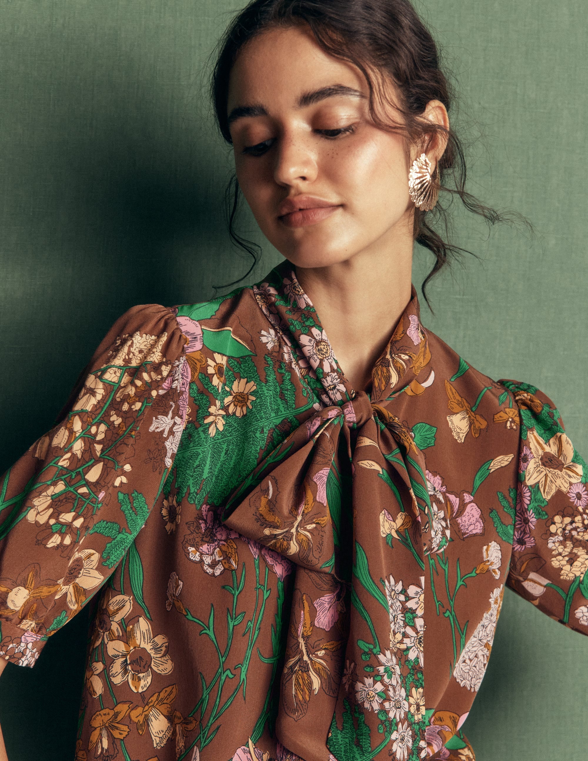 Tie Neck Silk Top-Woodland, Whimsical Flora - Image 5