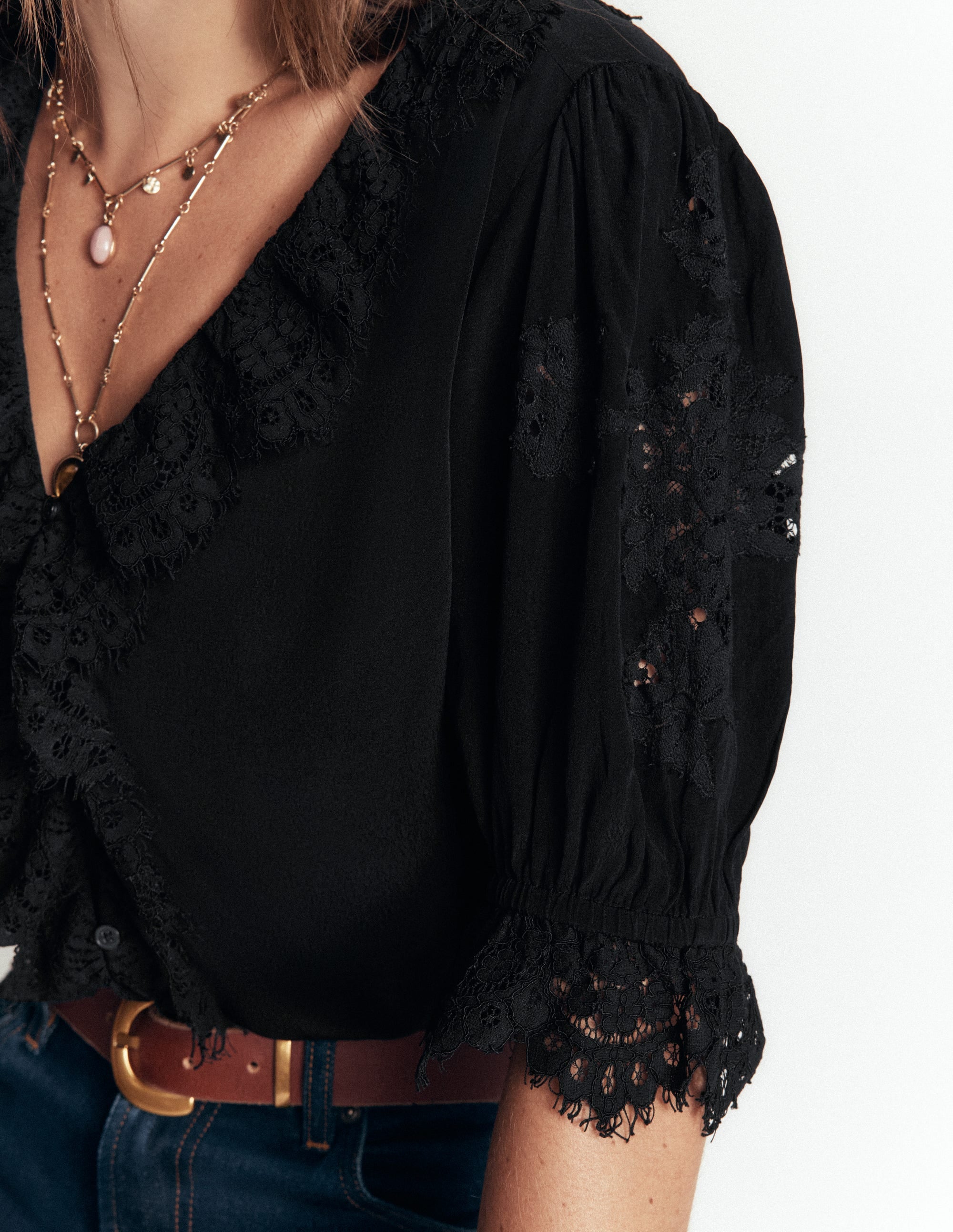 Ruffle V-neck Lace Top-Black - Image 2