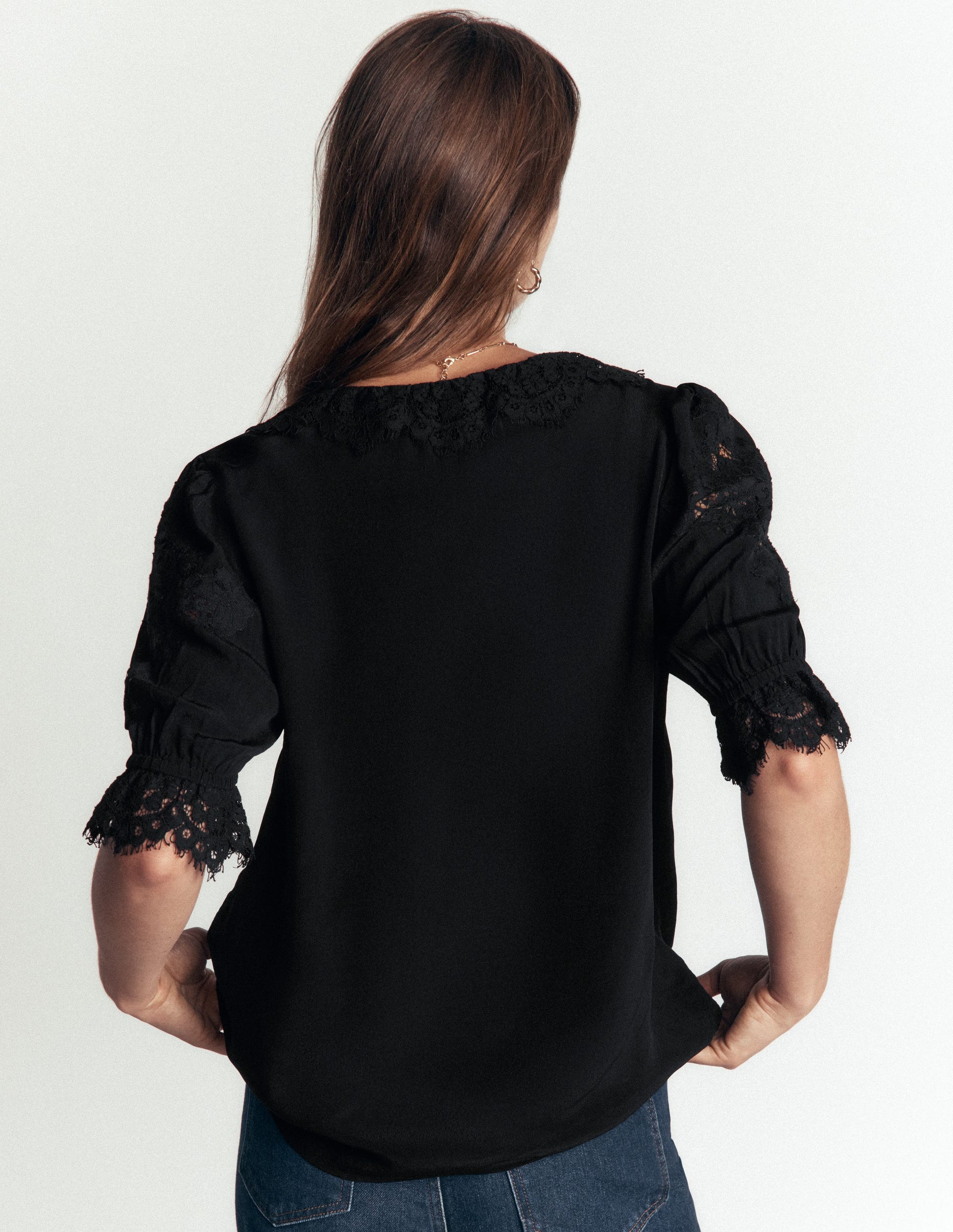 Ruffle V-neck Lace Top-Black-3