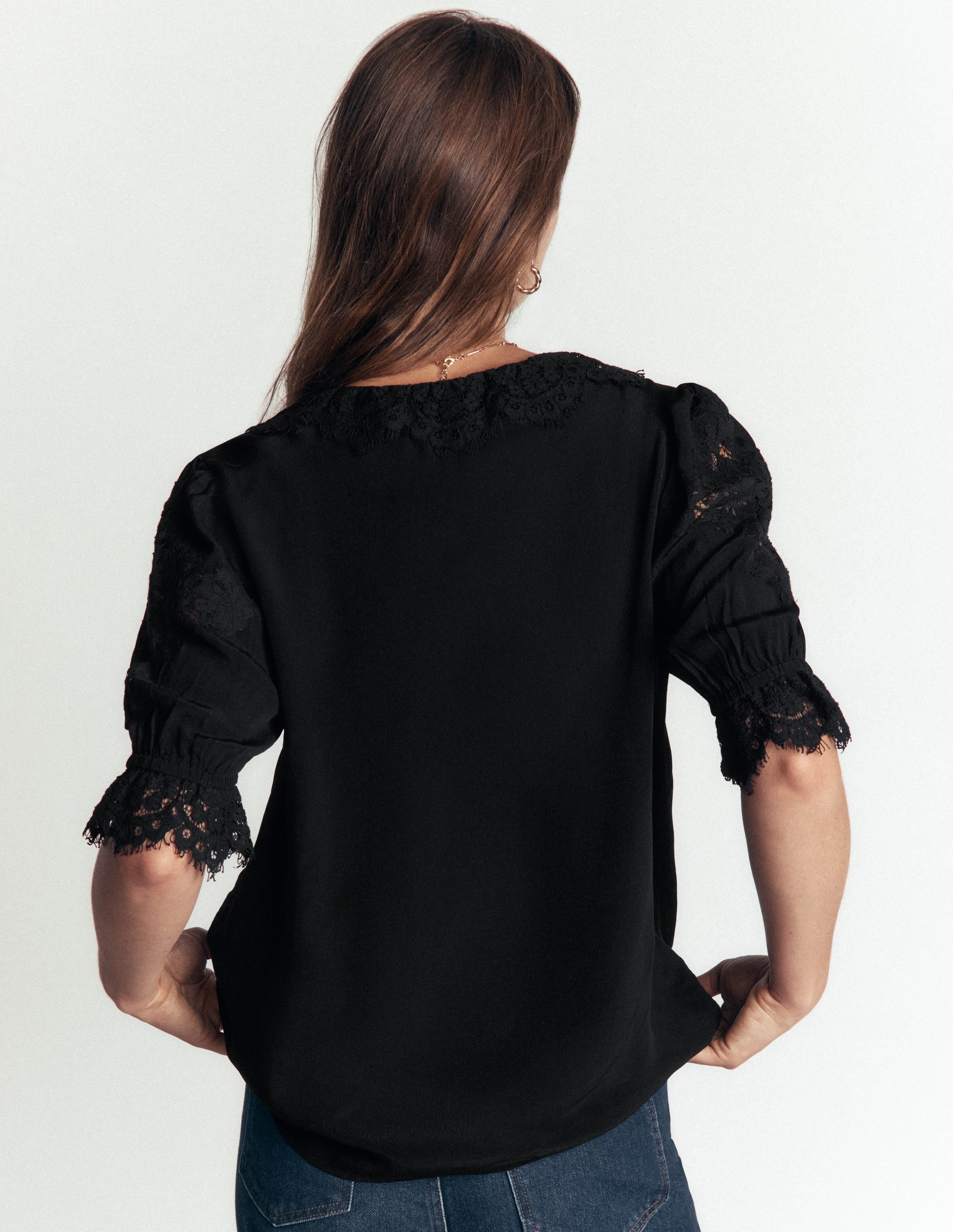 Ruffle V-neck Lace Top-Black - Image 3