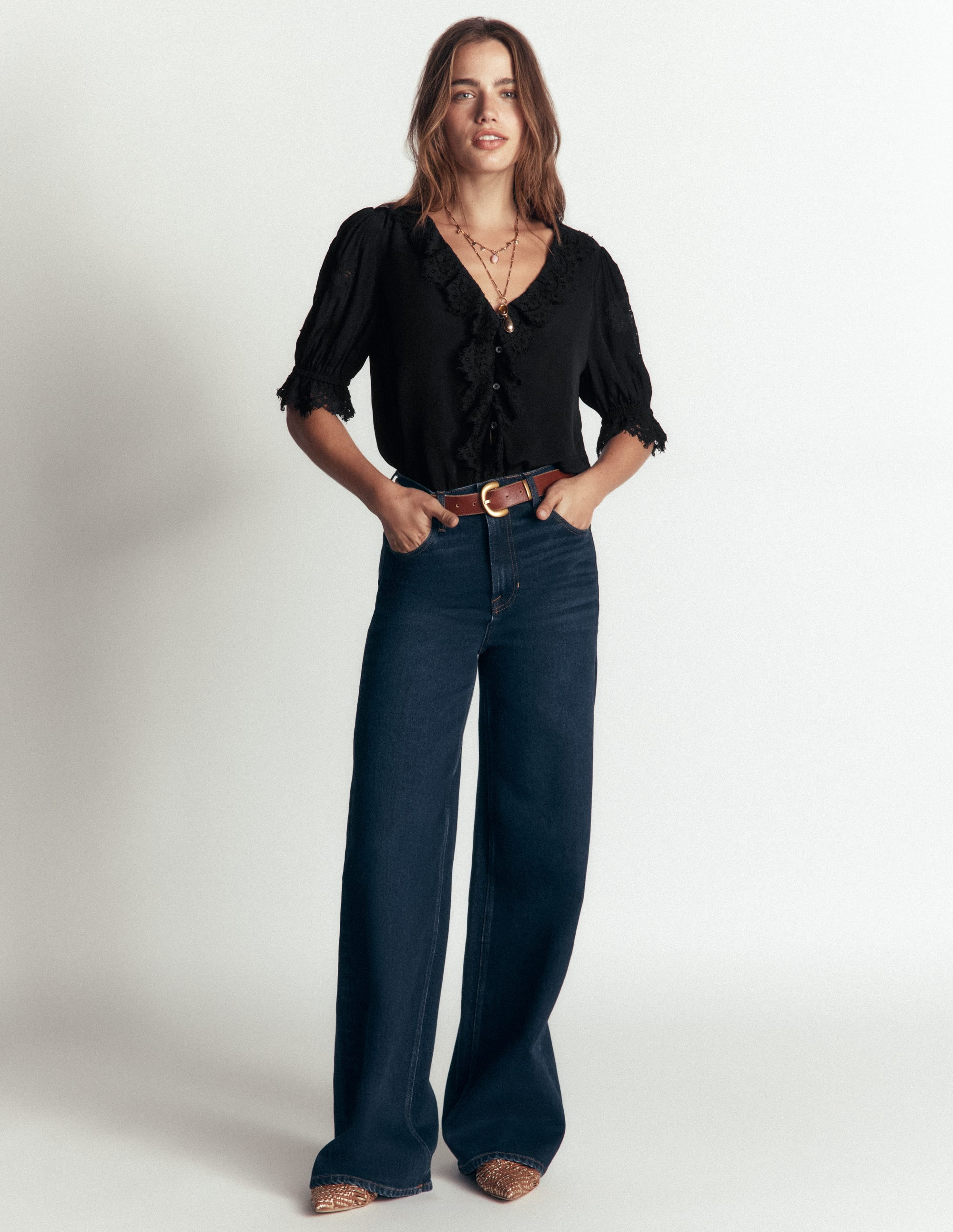 Ruffle V-neck Lace Top-Black - Image 4